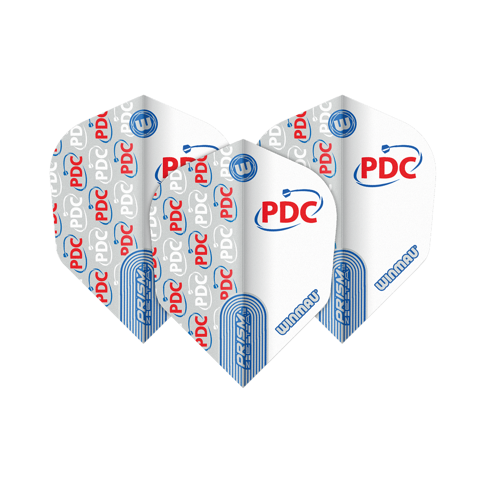 Das Bild zeigt die Winmau Prism Zeta PDC White No6 Flights. Die Flights sind weiß mit roten und blauen PDC-Logos sowie blauen Winmau-Details gestaltet.