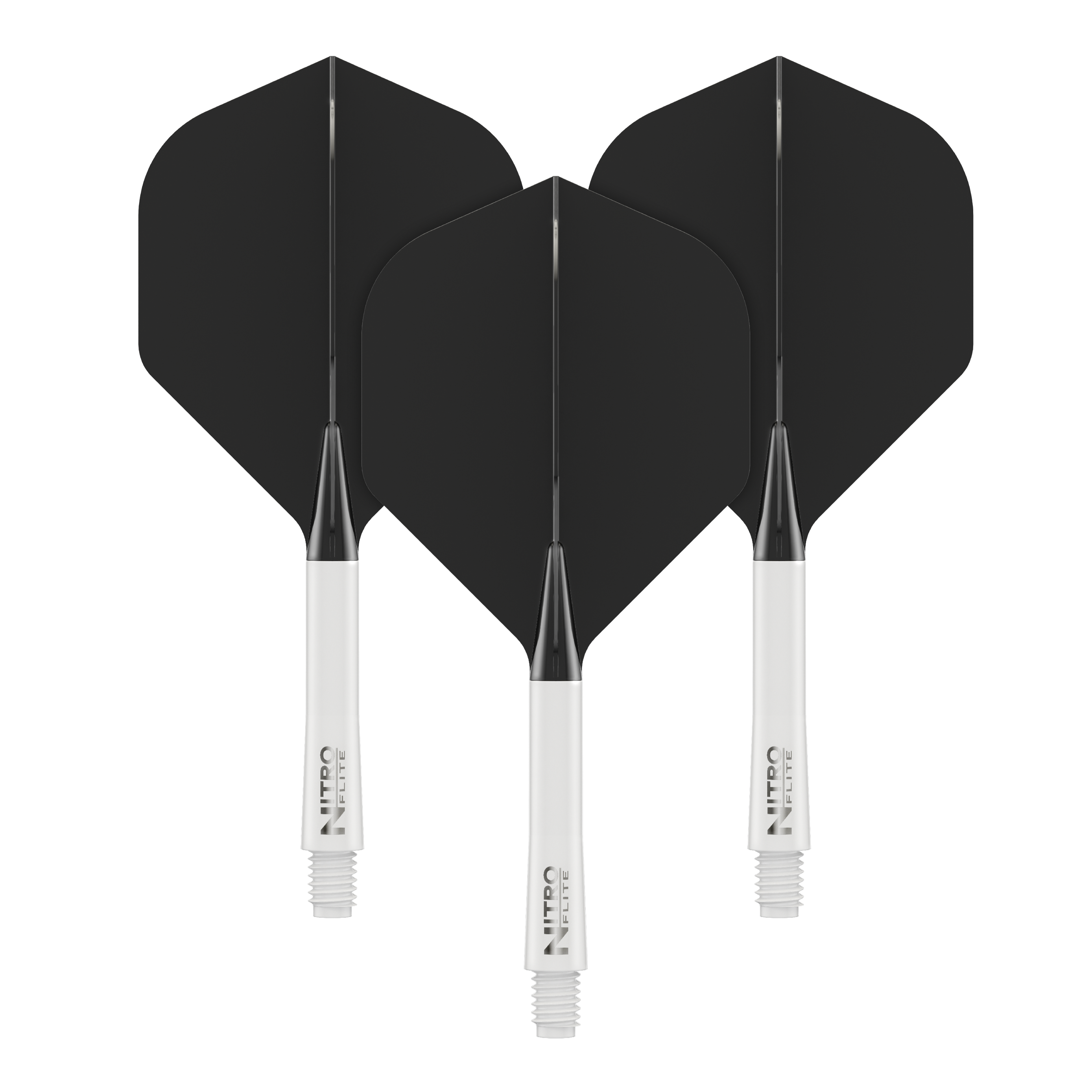 Red Dragon Nitroflite - White Shaft Black No2 Flights Auf dem Bild sind drei Dartflights mit schwarzen Flügeln und weißen Schäften zu sehen. Sie stehen nebeneinander und sind für das Dartspiel geeignet.