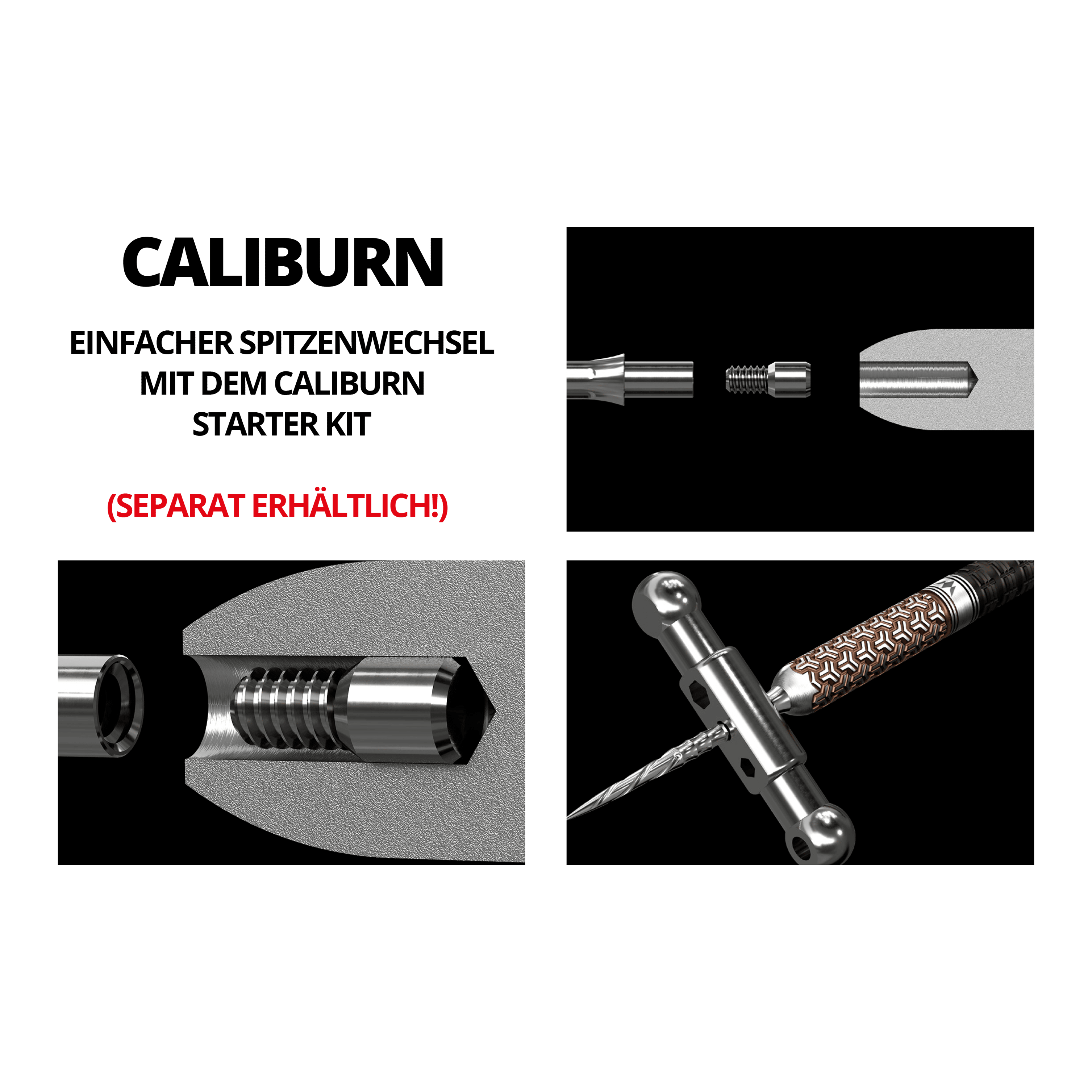 Mission Caliburn EVO Dartspitzen - Ripple - Schwarz Das Bild zeigt verschiedene technische Zeichnungen und Details eines Dartspitzen-Systems. In roter Schrift steht der Hinweis „(SEPARAT ERHÄLTLICH!)“.