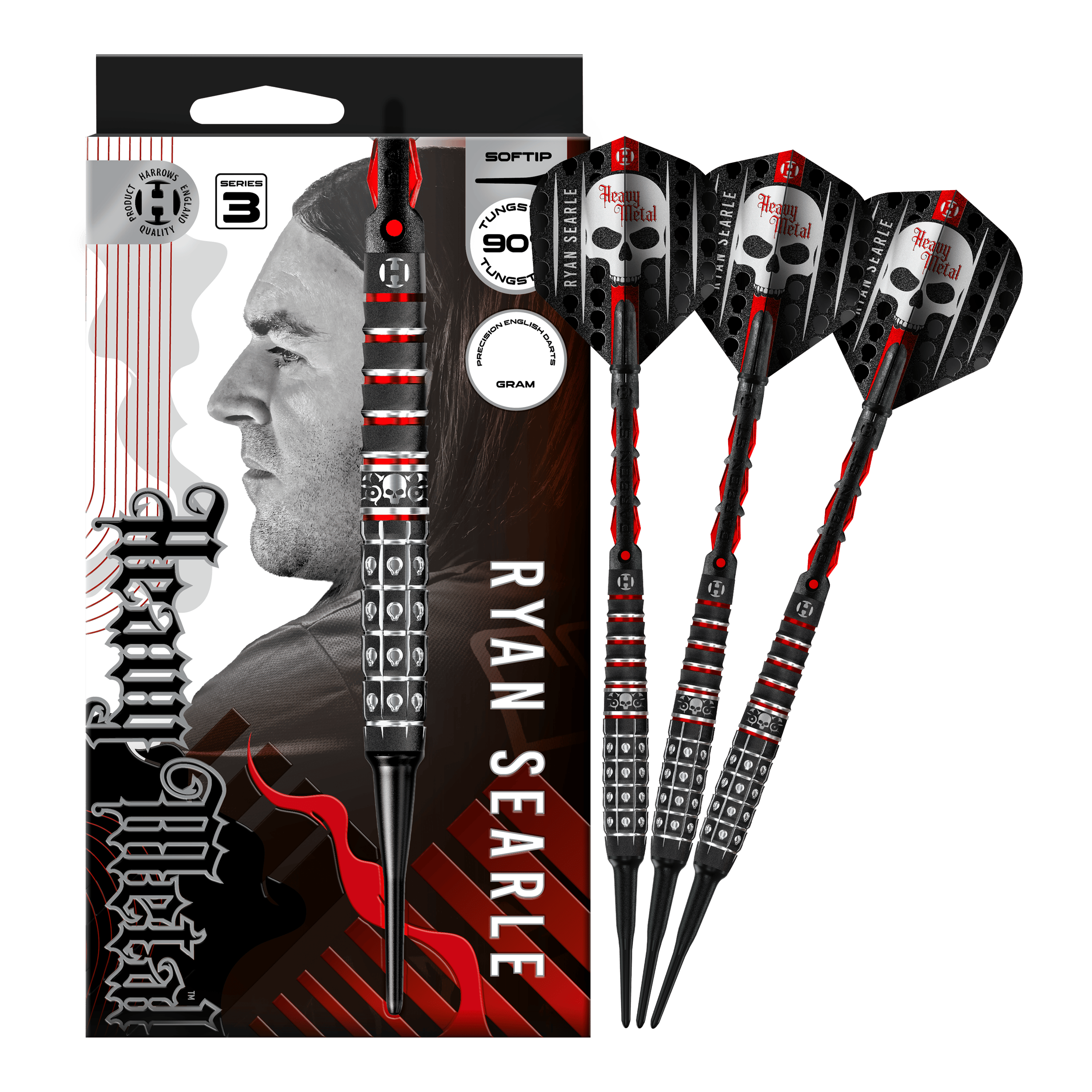Das Foto zeigt Harrows Ryan Searle Series 3 Softdarts in voller Ansicht. Der Artikel ist für Softdart-Spiele gedacht.
