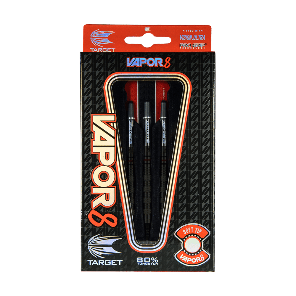 Die Abbildung zeigt die Target Vapor8 01 Softdarts mit einem Gewicht von 18g in ihrer Verpackung. Die Darts bestehen aus 80% Tungsten und haben Softtips.