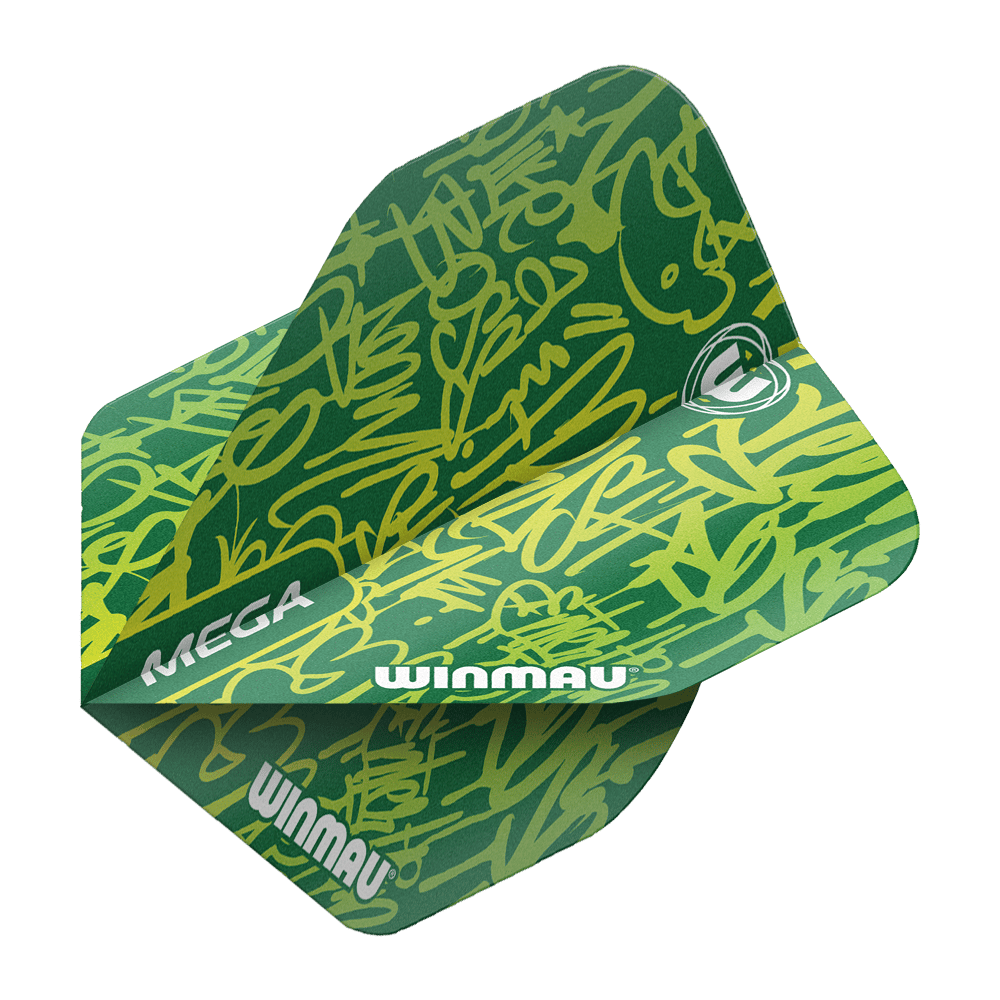 Das Bild zeigt ein Winmau Mega Green Standard Flight für Darts. Es hat ein auffälliges, grünes Design mit gelben, grafischen Mustern und dem Winmau-Logo.