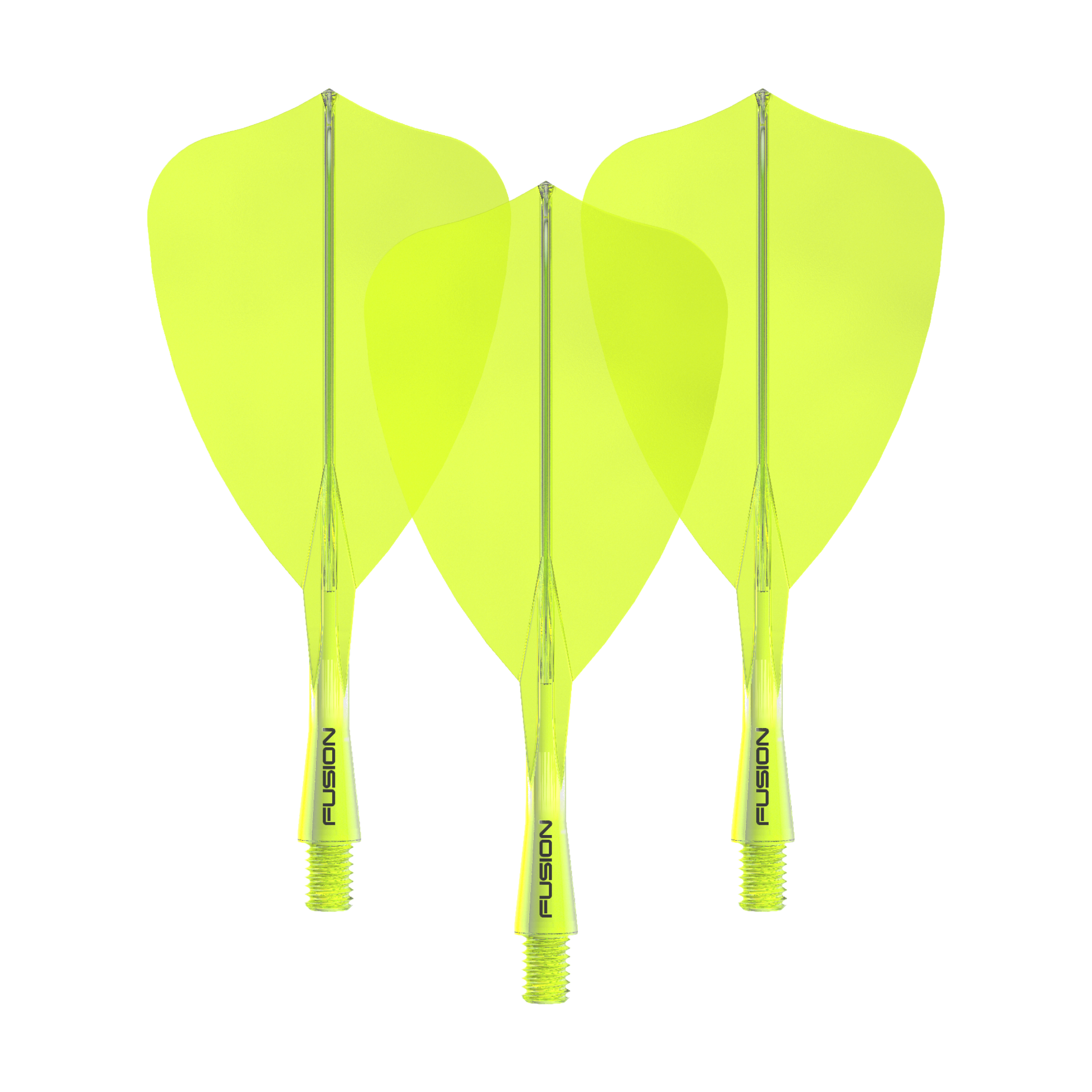 Das Winmau Fusion Flight Shaft System Arrow Neon Yellow 22mm Set ist auf dem Bild zu sehen. Es besteht aus gelben Dart-Flights und -Schäften.