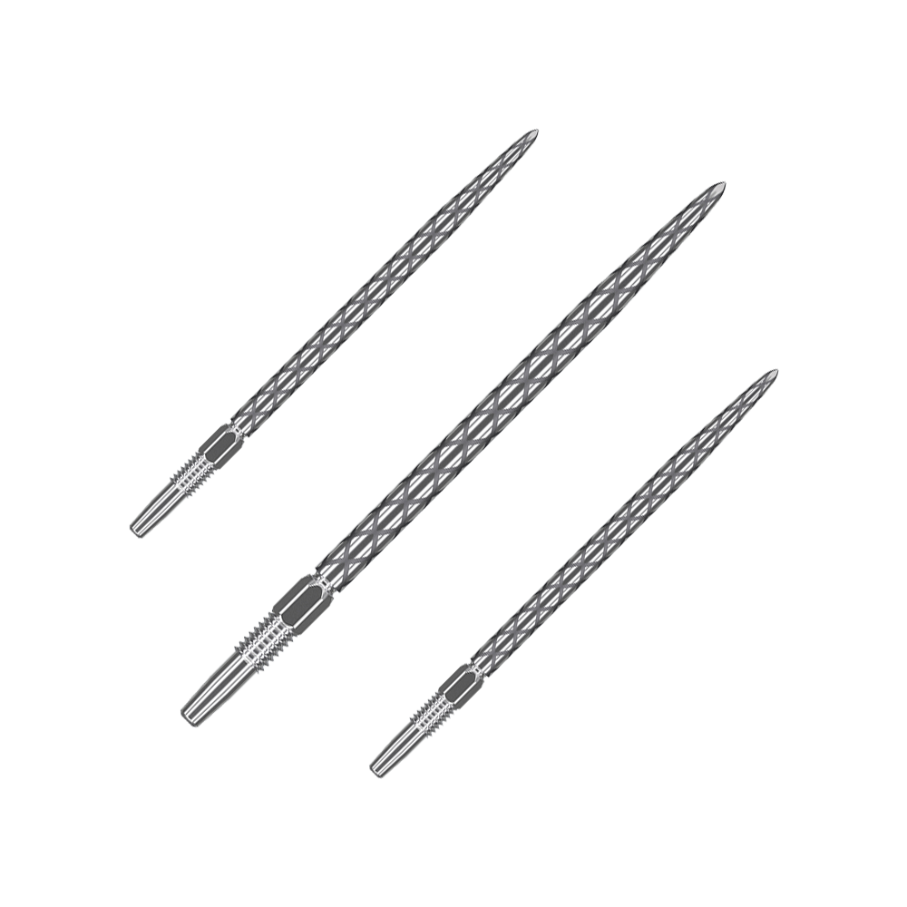 Target Swiss Diamond Pro Silver Points Dartspitzen Auf dem Bild sind drei silberne Dartspitzen mit einem rautenförmigen Muster zu sehen. Sie sind nebeneinander angeordnet und haben eine Länge von 40 mm.