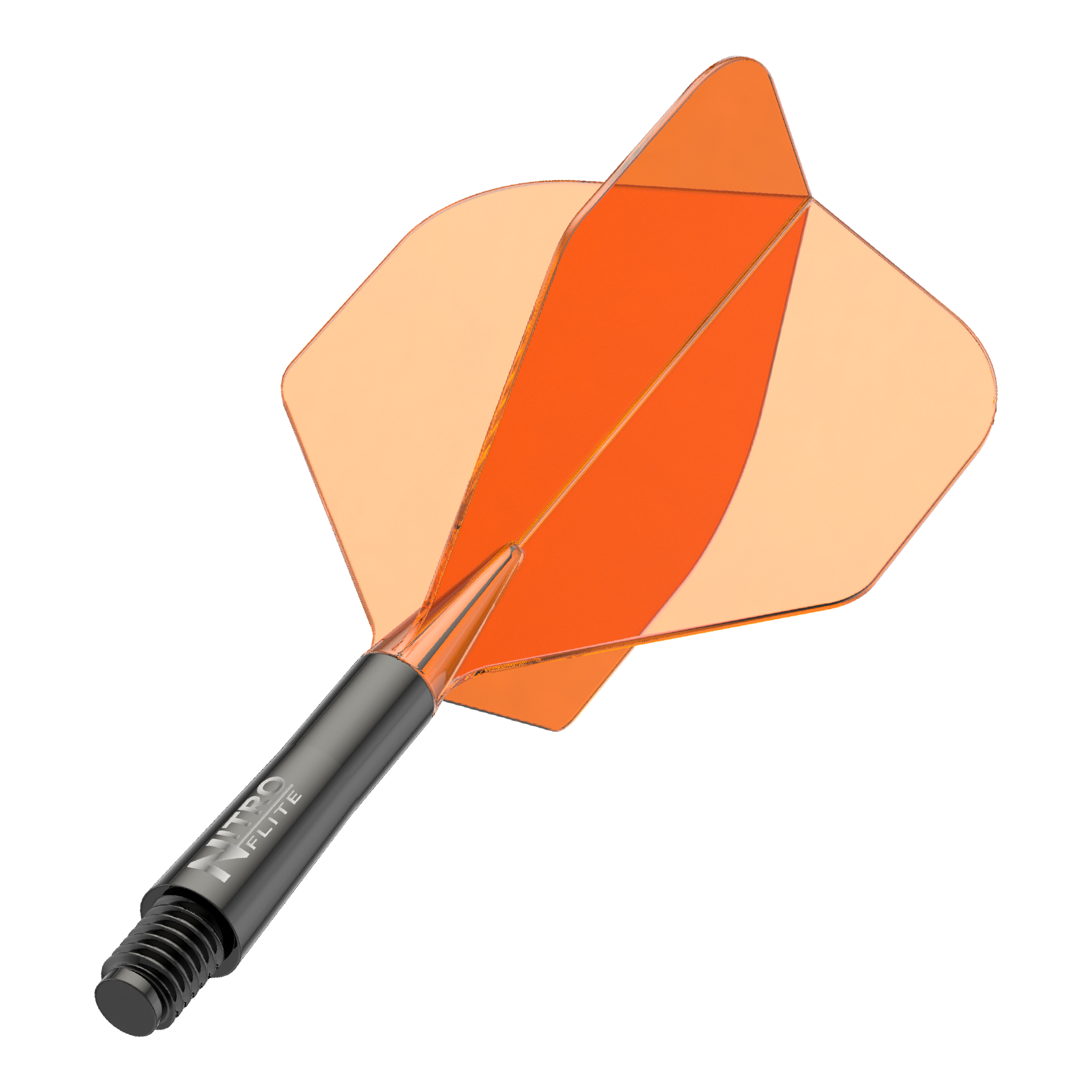 Red Dragon Nitroflite Black Shaft Orange Flights No2 Auf dem Bild ist ein schwarzer Dartschaft mit orangefarbenen Flights zu sehen. Es handelt sich um ein Zubehör für Dartpfeile.
