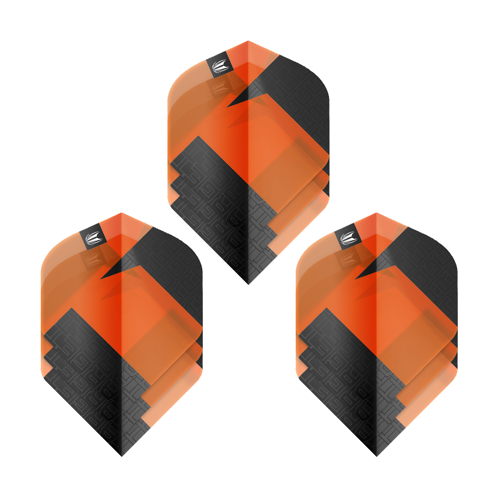 Das Bild zeigt drei Sets der Target Pro Ultra TAG Orange No2 Standard Flights. Die Flights sind in den Farben Orange und Schwarz gestaltet und haben ein geometrisches Muster.