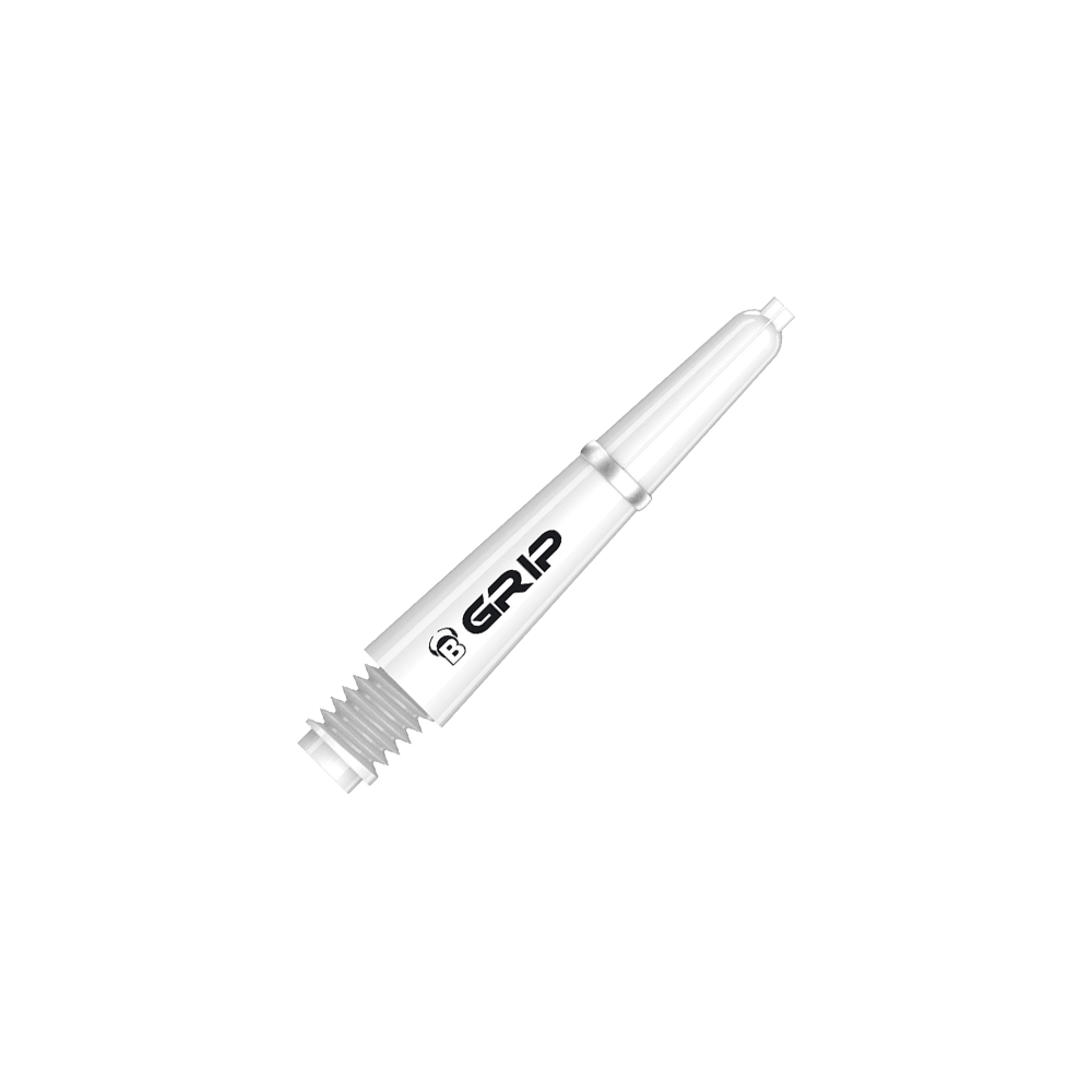 BS55089_Bulls_B-Grip-2_SL_Shafts_Weiss_28mm_2 Das Bild zeigt einen weißen Bulls B-Grip-2 SL Shaft. Auf dem Schaft steht das Wort "GRIP" in schwarzer Schrift.