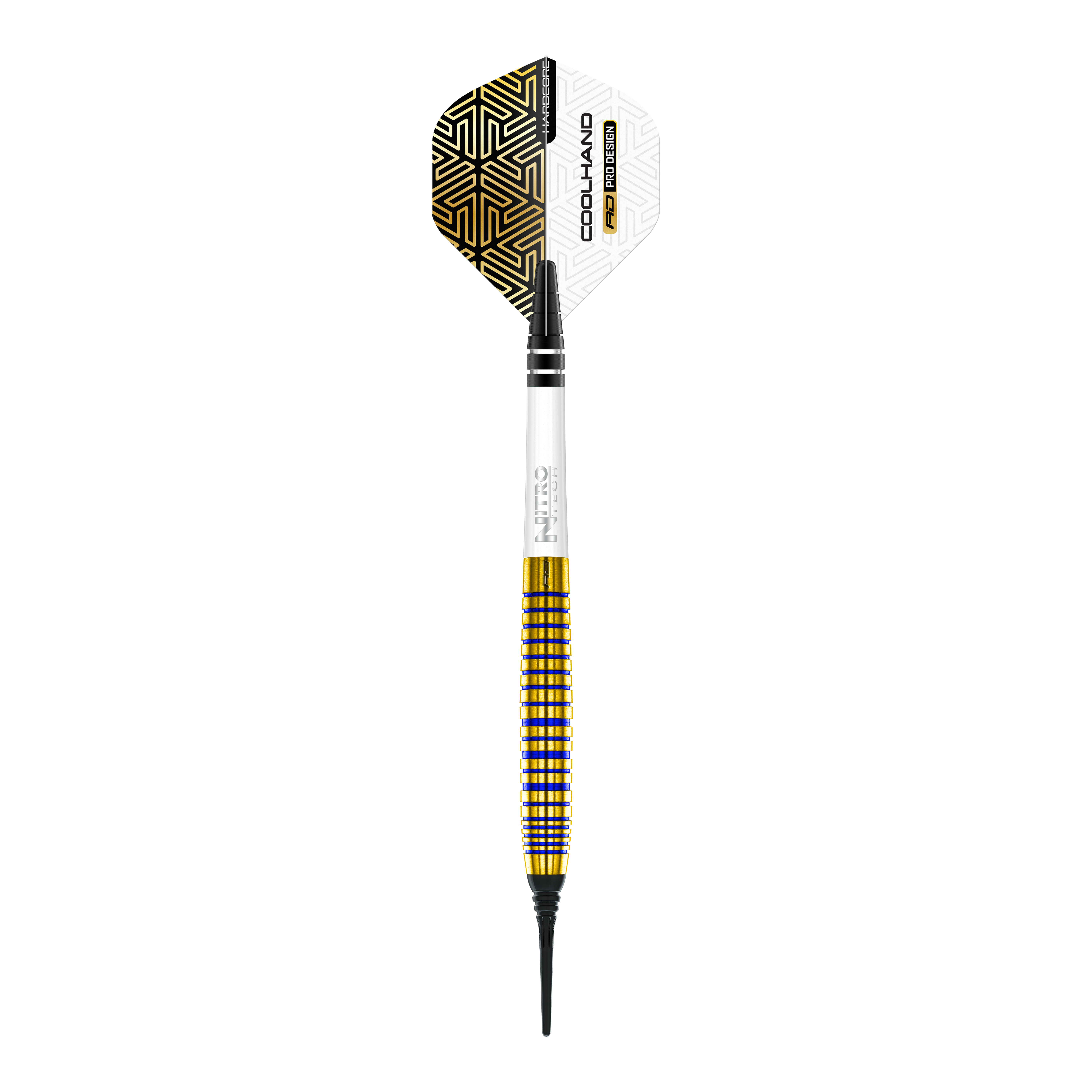 Das Bild zeigt einen Red Dragon Luke Humphries TX3 Gold SE Softdart mit einem Gewicht von 20g. Der Dart hat ein auffälliges Design mit goldenen und schwarzen Akzenten und einer weißen Flight.