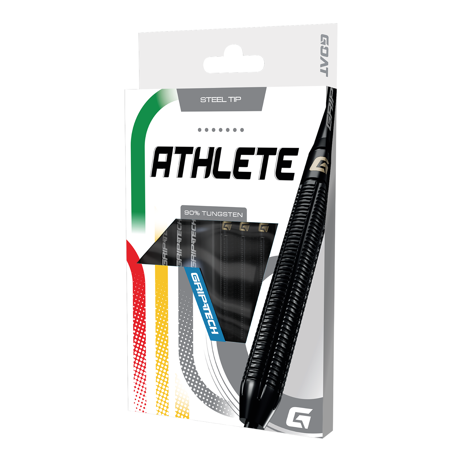 Das Produkt GOAT Athlete Black Tungsten Steeldarts wird gezeigt. Die Darts sind für professionelle Spieler geeignet und in Schwarz gehalten.