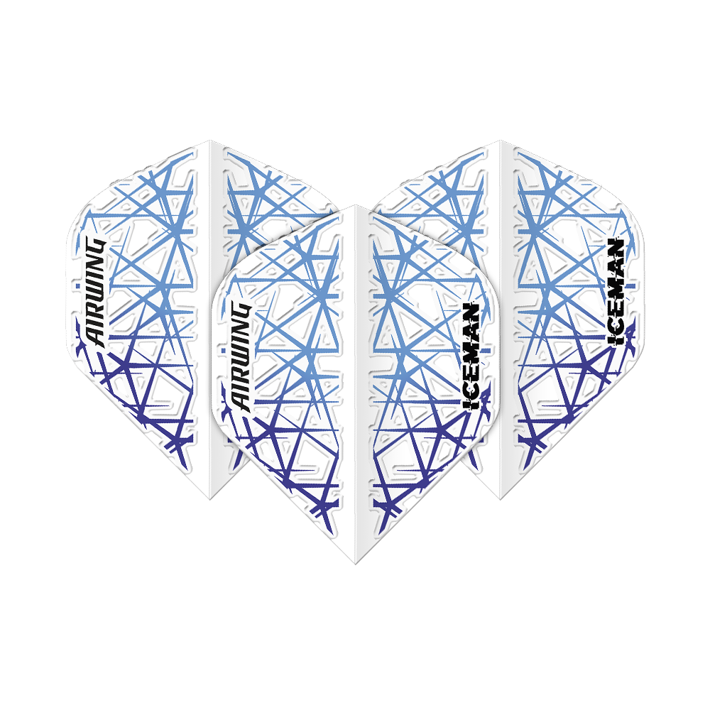 Das Bild zeigt vier weiße Dart-Flights mit blauen, eisähnlichen Linienmustern. Auf den Flights stehen die Wörter "AIRWING" und "ICEMAN" in schwarzer Schrift.
