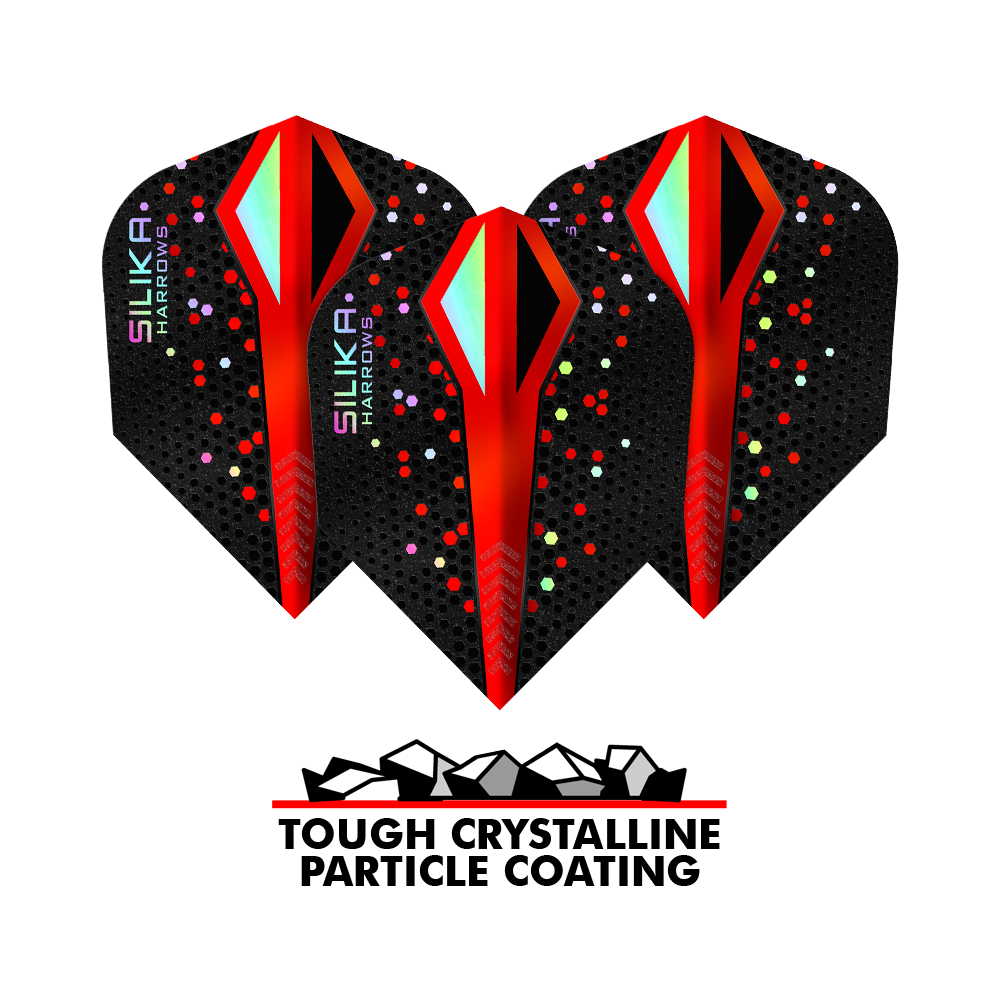 Das Bild zeigt drei Harrows Silika Colourshift Tough Crystalline Coating Red No6 Flights mit auffälligem roten und schwarzen Design. Unten im Bild steht der Schriftzug "Tough Crystalline Particle Coating" neben einer Grafik mit Kristallen.