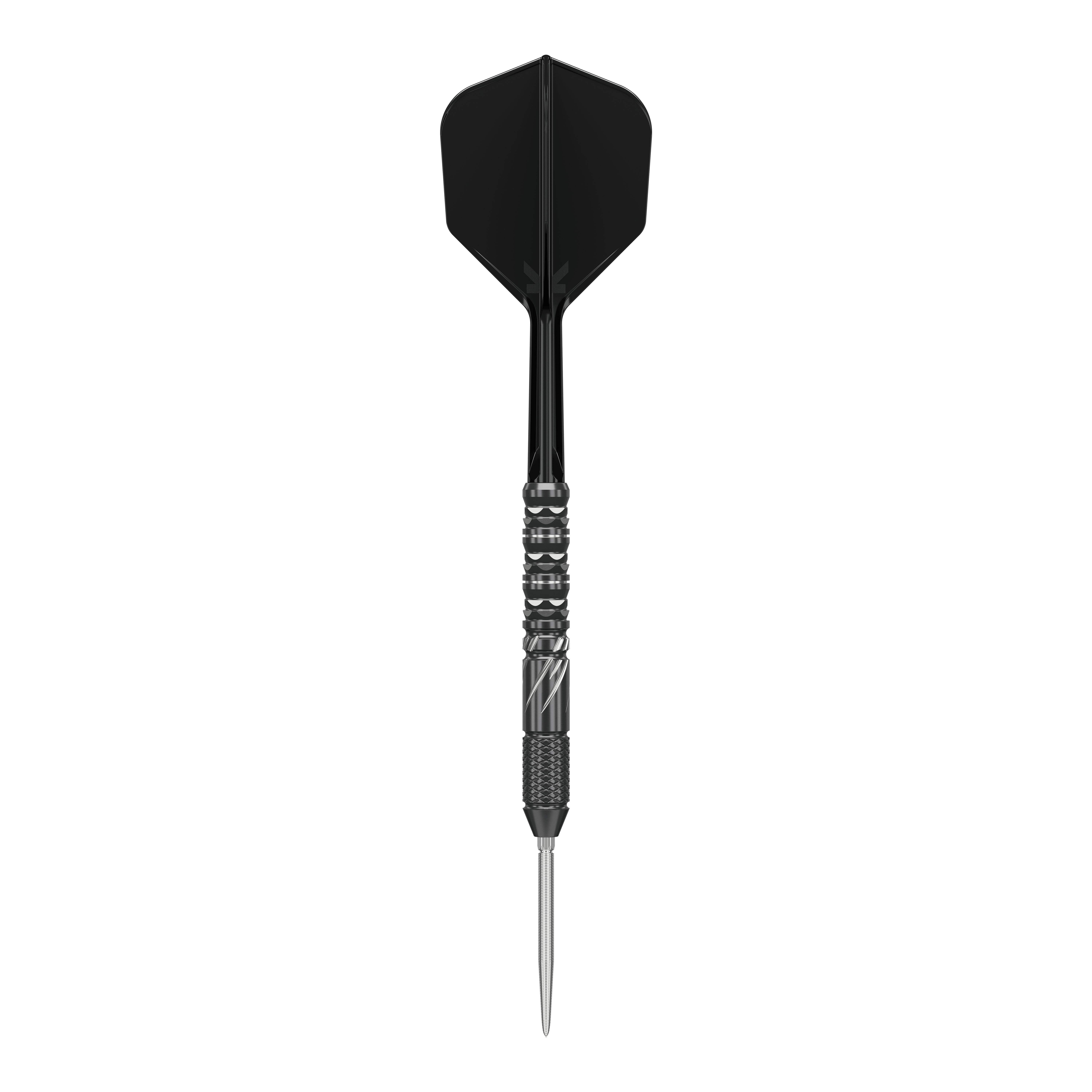 Dies ist ein schwarzer Target Japan Black Marque Draco Swiss Point Steeldart. Er hat ein elegantes Design mit strukturiertem Griff und silberner Spitze.
