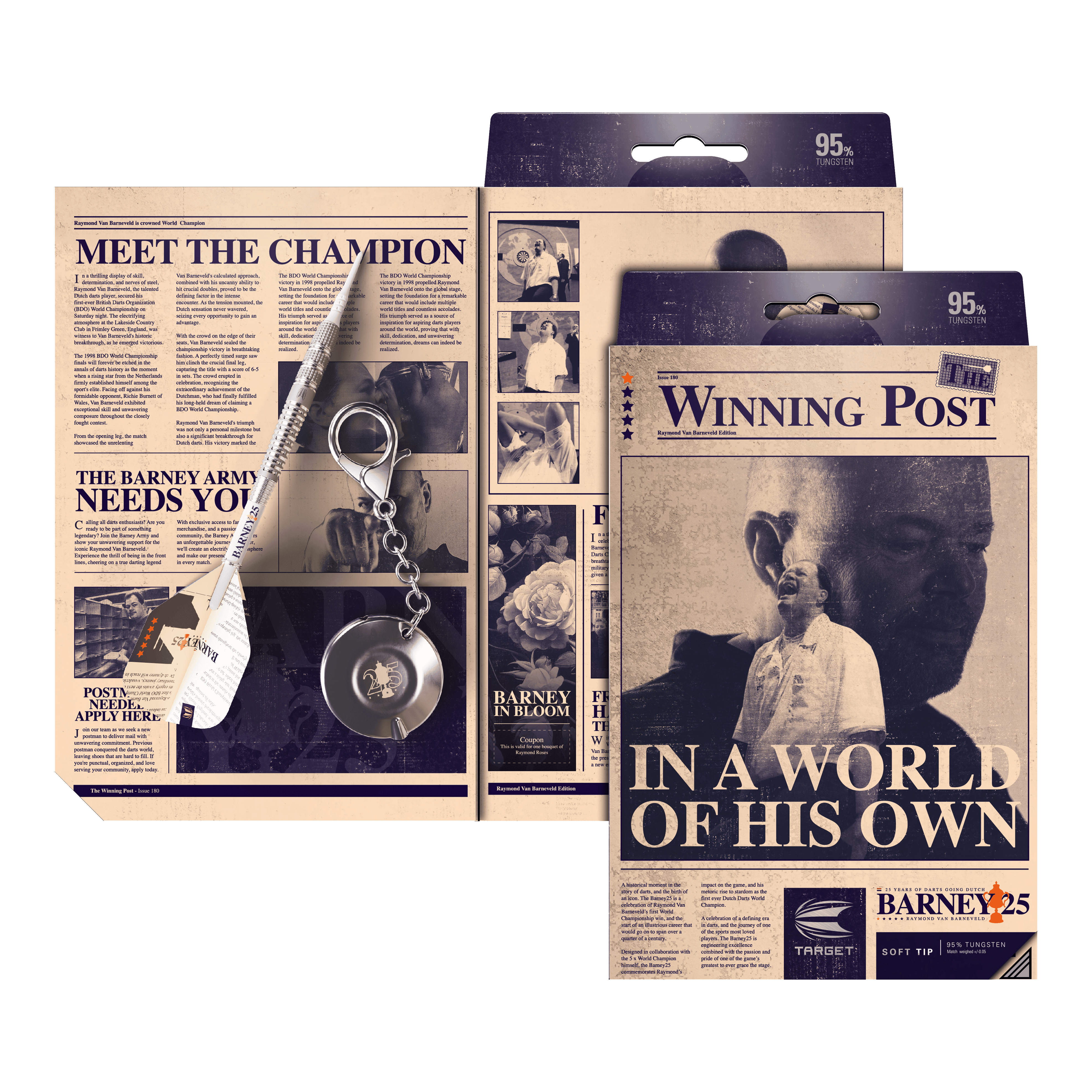 Auf dem Bild ist das Produkt "Target Raymond Van Barneveld Barney25 Softdarts" zu sehen. Die Verpackung zeigt ein Zeitungsdesign mit Bildern und Text über den Dartspieler Raymond van Barneveld.