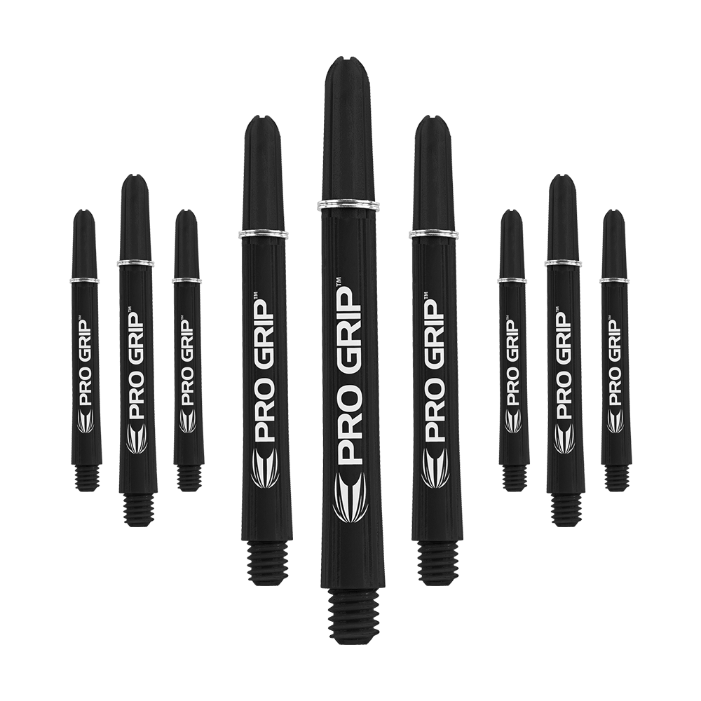 Target Pro Grip Shafts - 3 Sets - Schwarz Auf dem Bild sind neun schwarze Pro Grip Dartschäfte zu sehen. Sie sind in drei Reihen angeordnet und auf jedem Schaft steht "PRO GRIP" in weißer Schrift.
