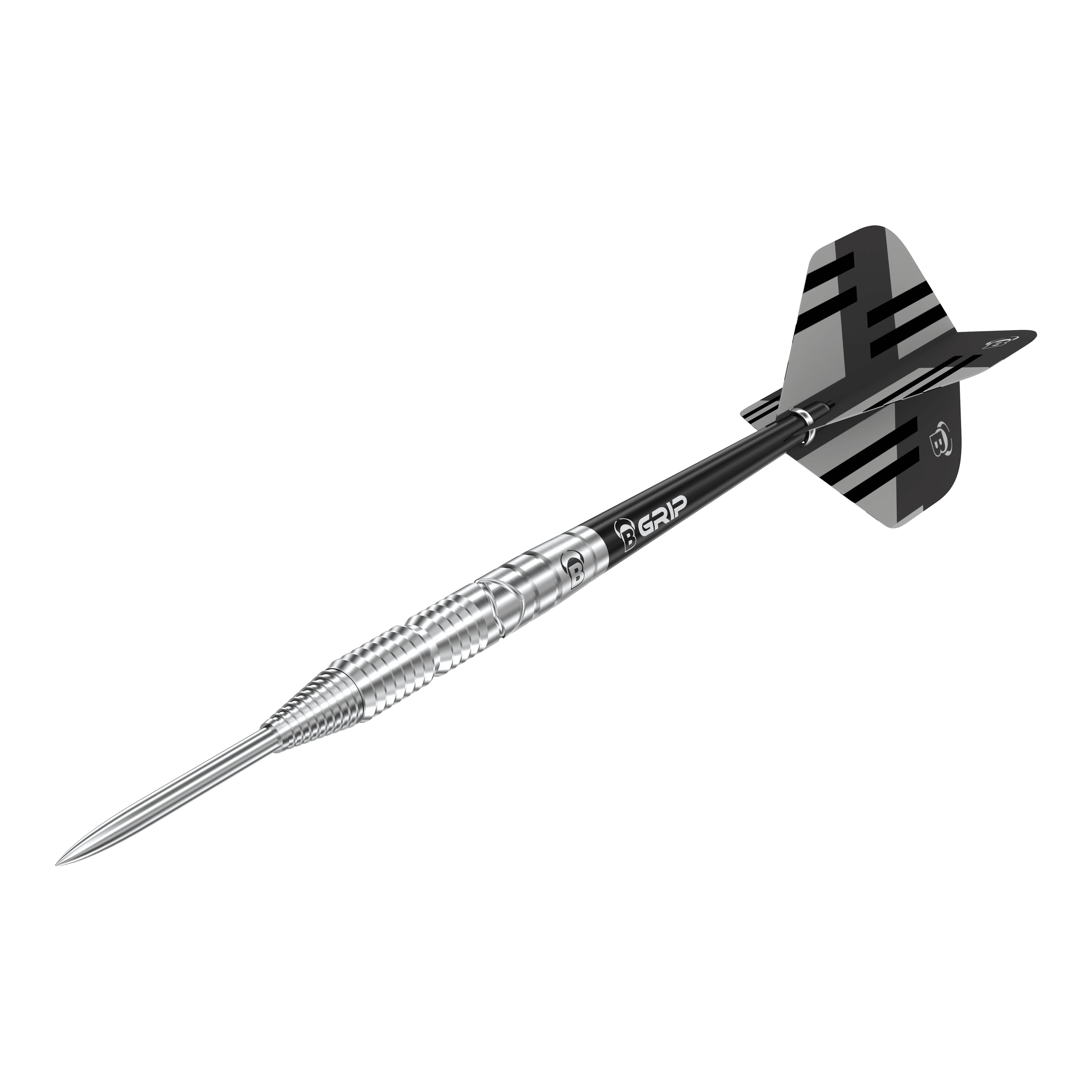 Bulls Tac T3 Steeldarts Das Bild zeigt den Bulls Tac T3 Steeldart. Der Dartpfeil hat eine silberne Spitze und einen schwarz-silbernen Schaft mit Flights.