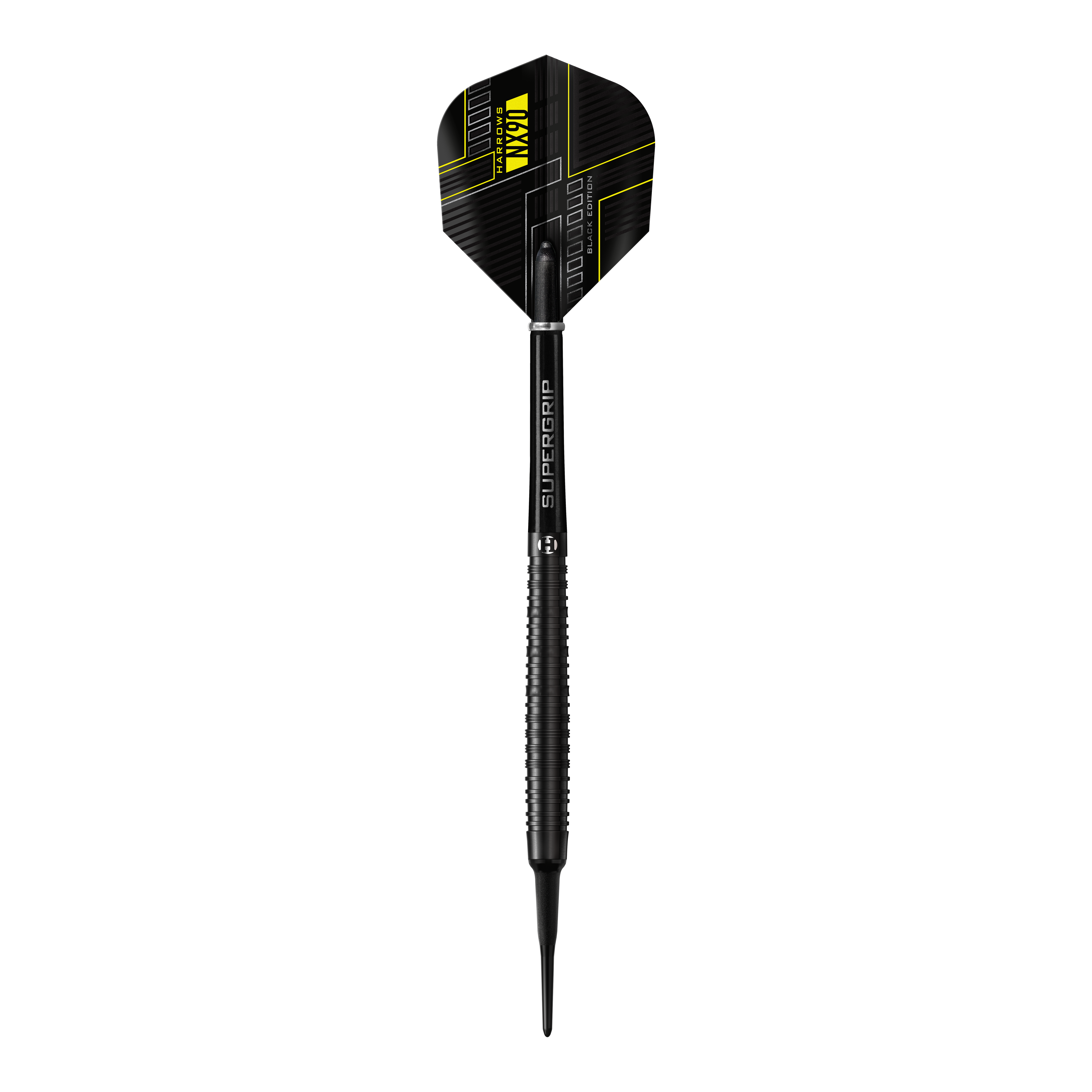Harrows NX90 Black-Edition Softdarts Das Bild zeigt einen Harrows NX90 Black-Edition Softdart. Der Dart ist schwarz mit gelben Akzenten und hat ein modernes, technisches Design.