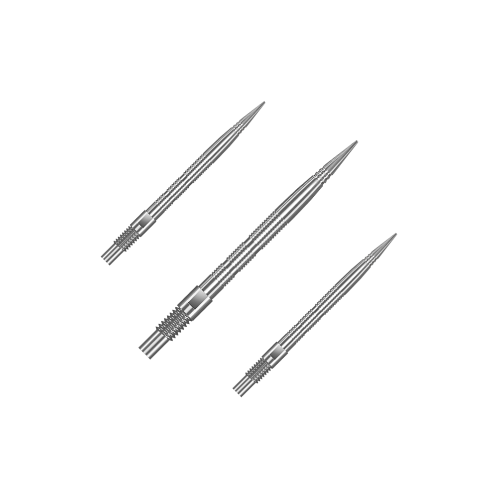 Harrows Quick Point Micro Ridge Dartspitzen - Silber Eine Verpackung mit mehreren Harrows Quick Point MicroRidge Dartspitzen in Silber mit 26 mm Länge ist abgebildet. Die Dartspitzen sind zur besseren Ansicht gruppiert.