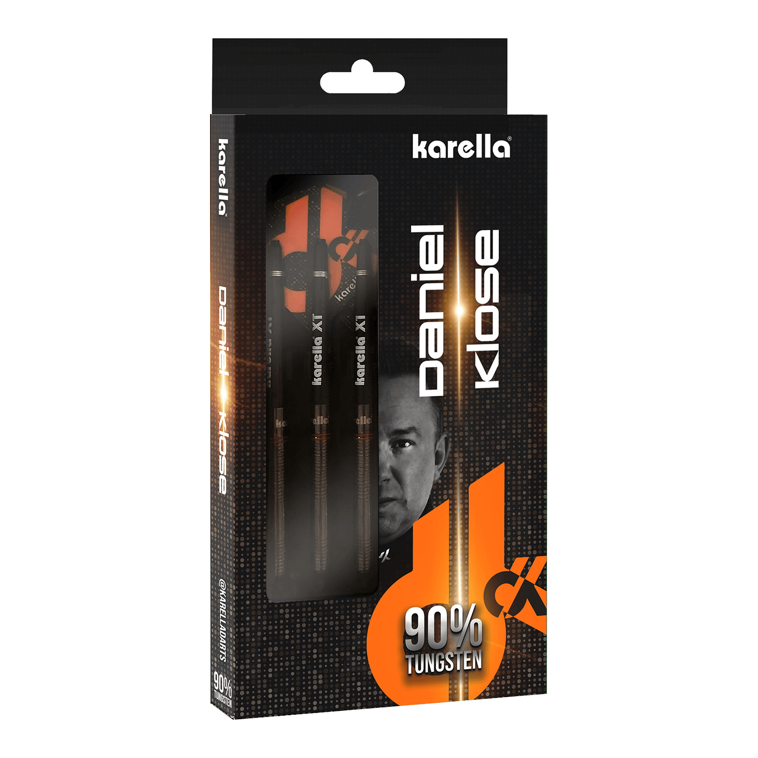 Karella Daniel Klose Softdarts Auf dem Bild ist die Verpackung der „Karella Daniel Klose Softdarts“ zu sehen. Die Darts bestehen zu 90 % aus Tungsten und werden in einer schwarzen, auffällig gestalteten Box präsentiert.