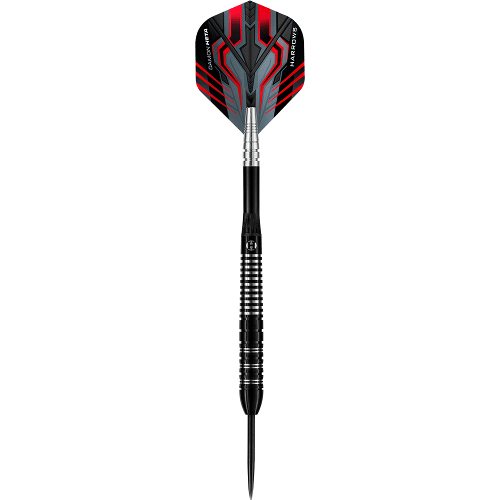 Das Bild zeigt den Harrows Damon Heta The Heat 90% Steeldart. Der Dart hat ein modernes Design mit schwarzen, silbernen und roten Akzenten.