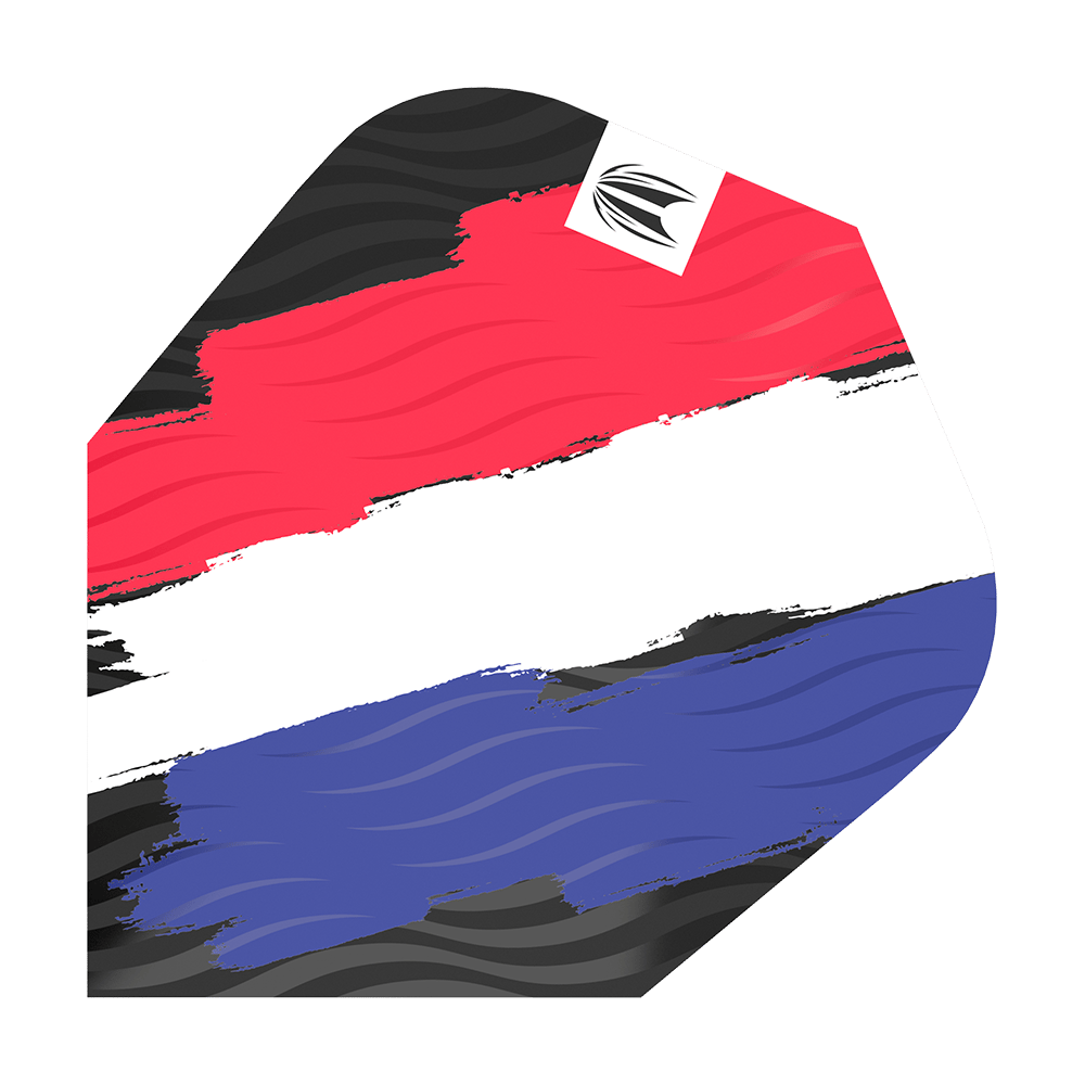 Das Bild zeigt ein Dart-Flight mit den Farben der niederländischen Flagge in einem Pinselstrich-Design. Oben rechts befindet sich ein kleines weißes Quadrat mit einem schwarzen Logo.