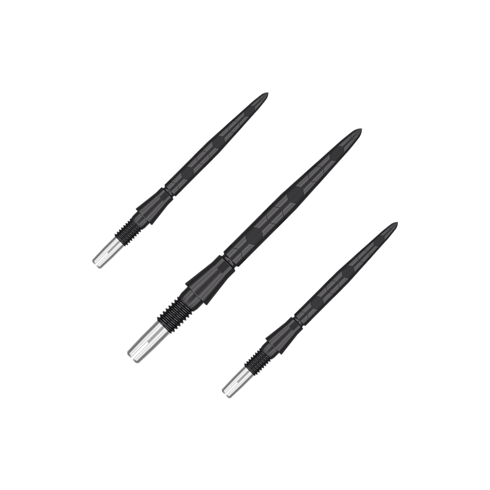 Target Swiss Storm Onyx Point Dartspitzen - Schwarz Auf dem Bild sind drei schwarze Dartspitzen mit silbernen Enden zu sehen. Sie sind in einem Set angeordnet und haben eine strukturierte Oberfläche.