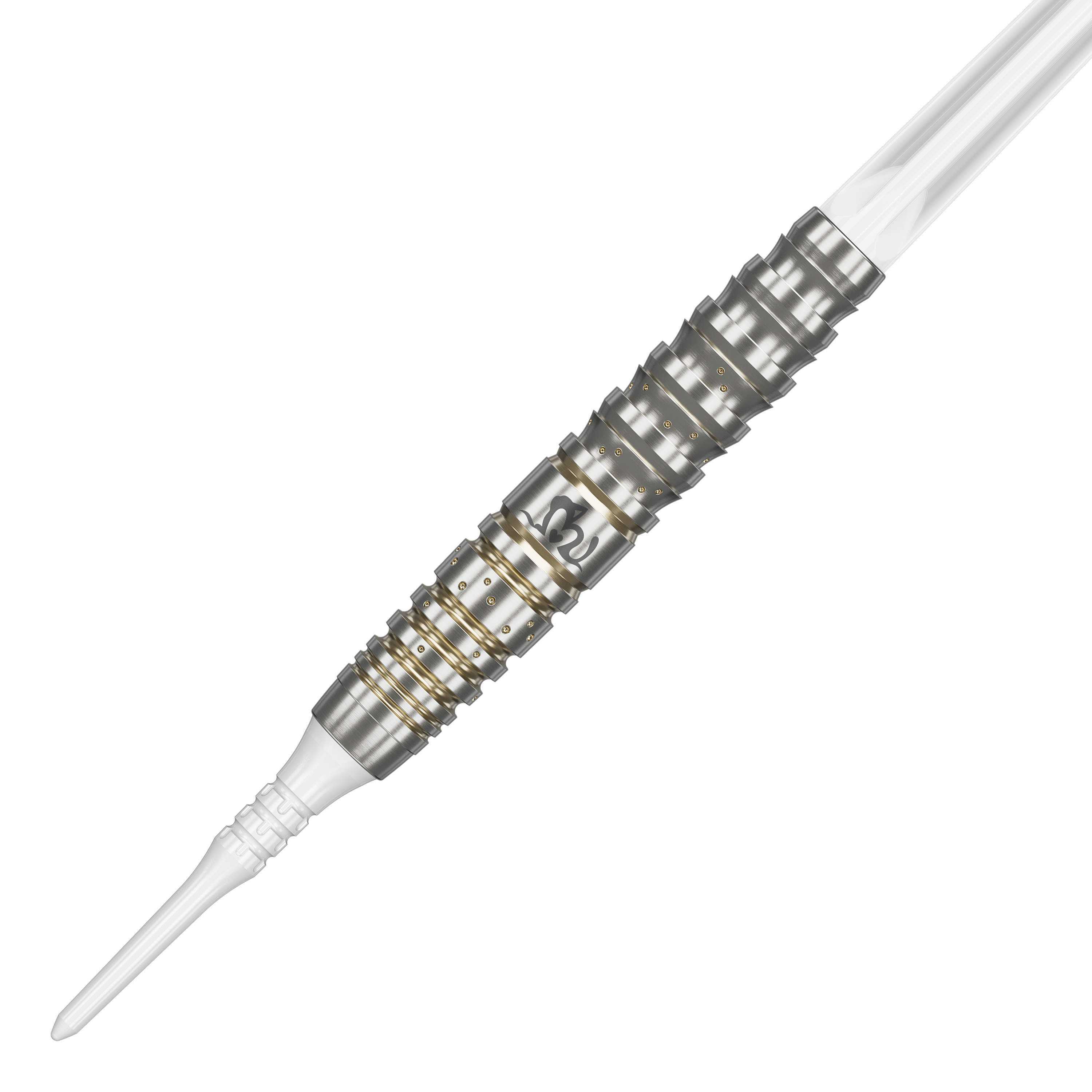 Das Bild zeigt einen Softdart der Produktreihe "Target Japan Prime Series Mayujo Morita GEN6" mit 18 Gramm Gewicht. Der Dart ist silbern mit goldenen Ringen und hat eine weiße Spitze.