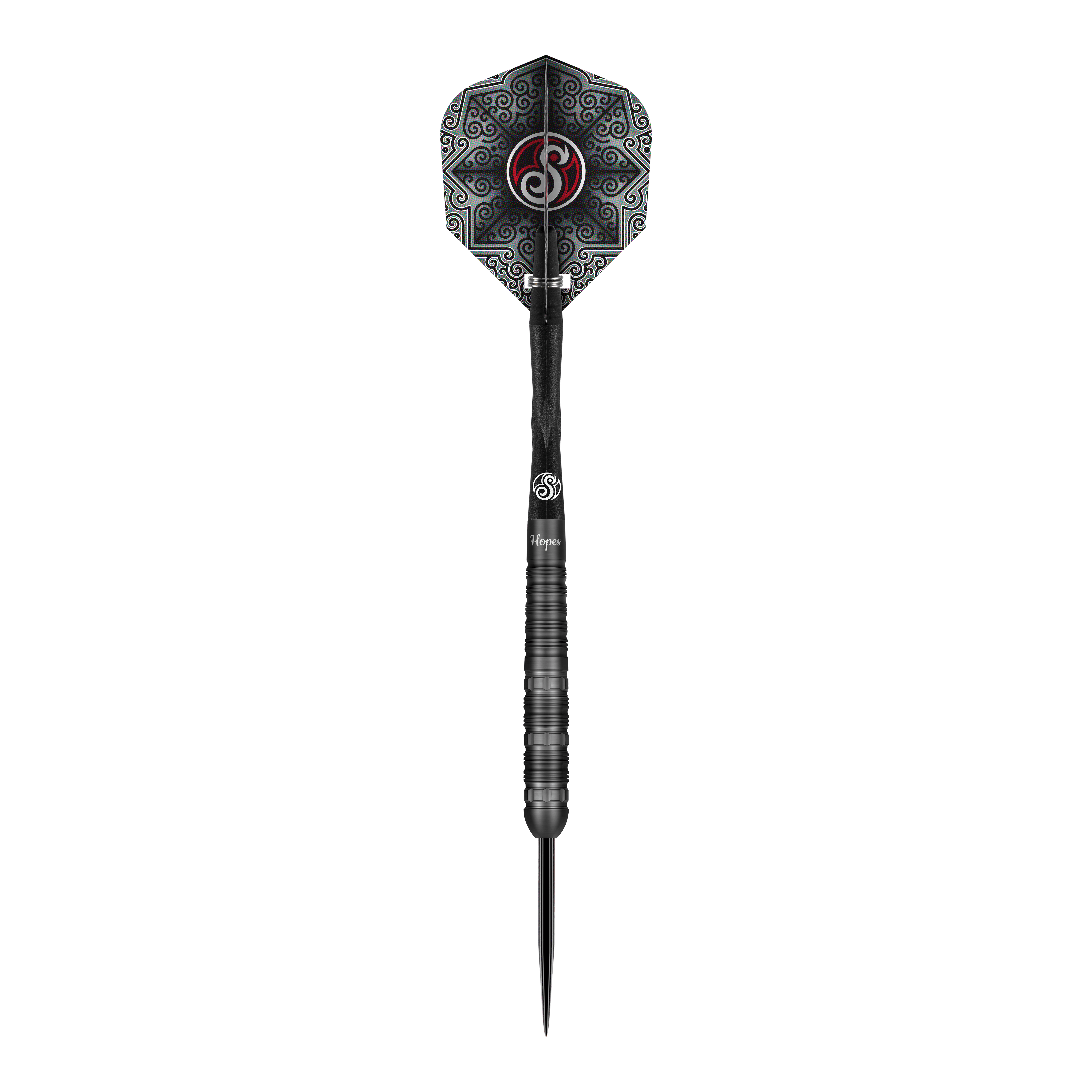 Shot Pro-Series Haupai Puha 2 Steeldarts - 24g Das Bild zeigt einen Shot Pro-Series Haupai Puha 2 Steeldart mit einem Gewicht von 24g. Der Dart ist schwarz und hat ein auffälliges, gemustertes Flight-Design.