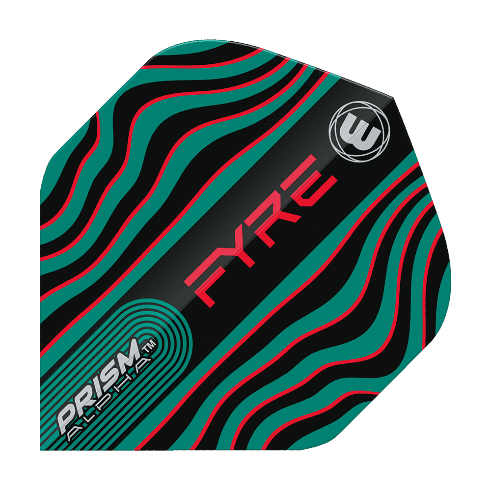 Dieses Bild zeigt das Produkt "Winmau Prism Alpha Fyre BlackTurquoiseRed Standard Flights". Das Flight-Design ist schwarz mit wellenförmigen türkisfarbenen und roten Linien sowie auffälligen Schriftzügen.