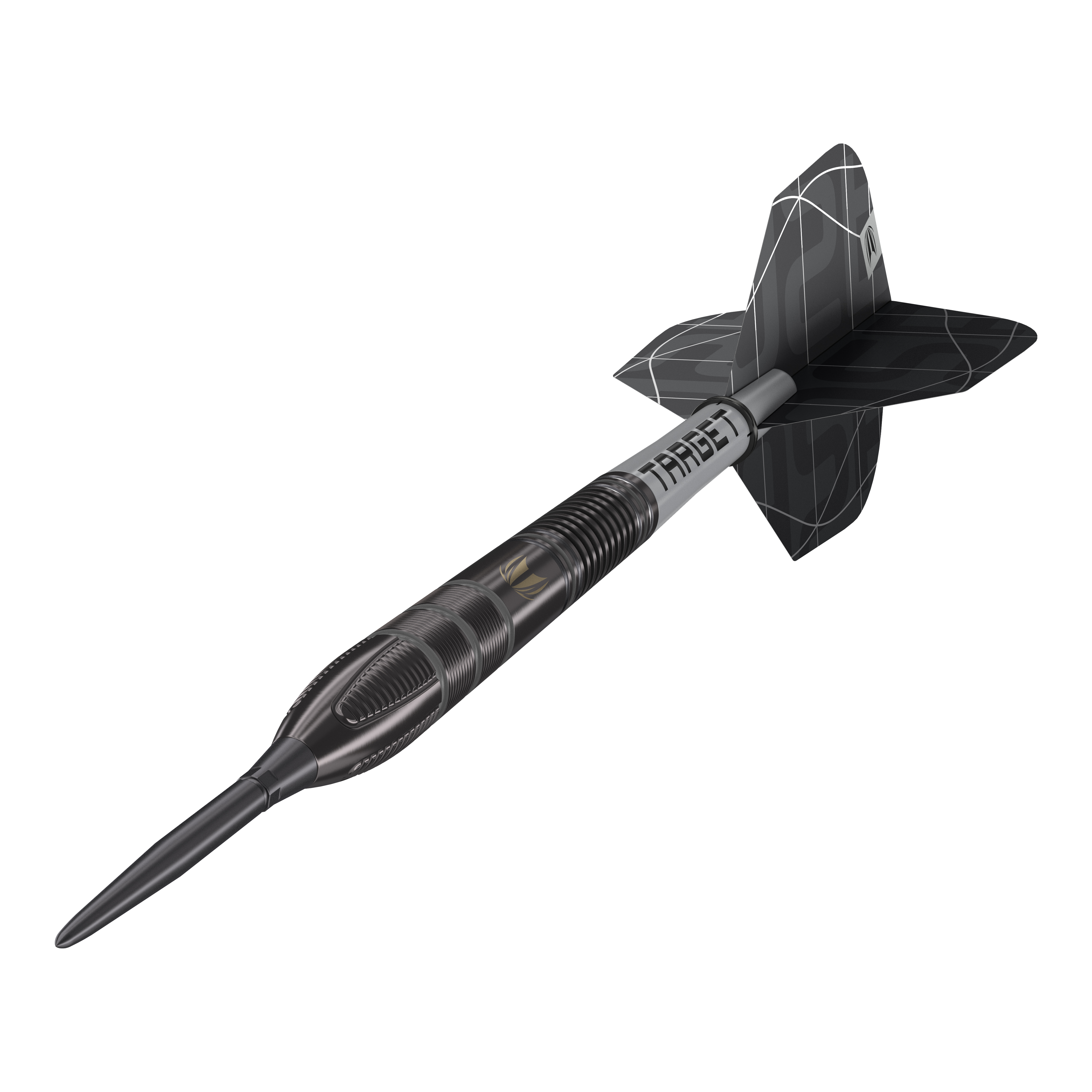 Das Bild zeigt einen Target Nathan Aspinall X Echo Swiss Point Steeldart. Der Dartpfeil ist schwarz-silbern und hat ein modernes, auffälliges Design.
