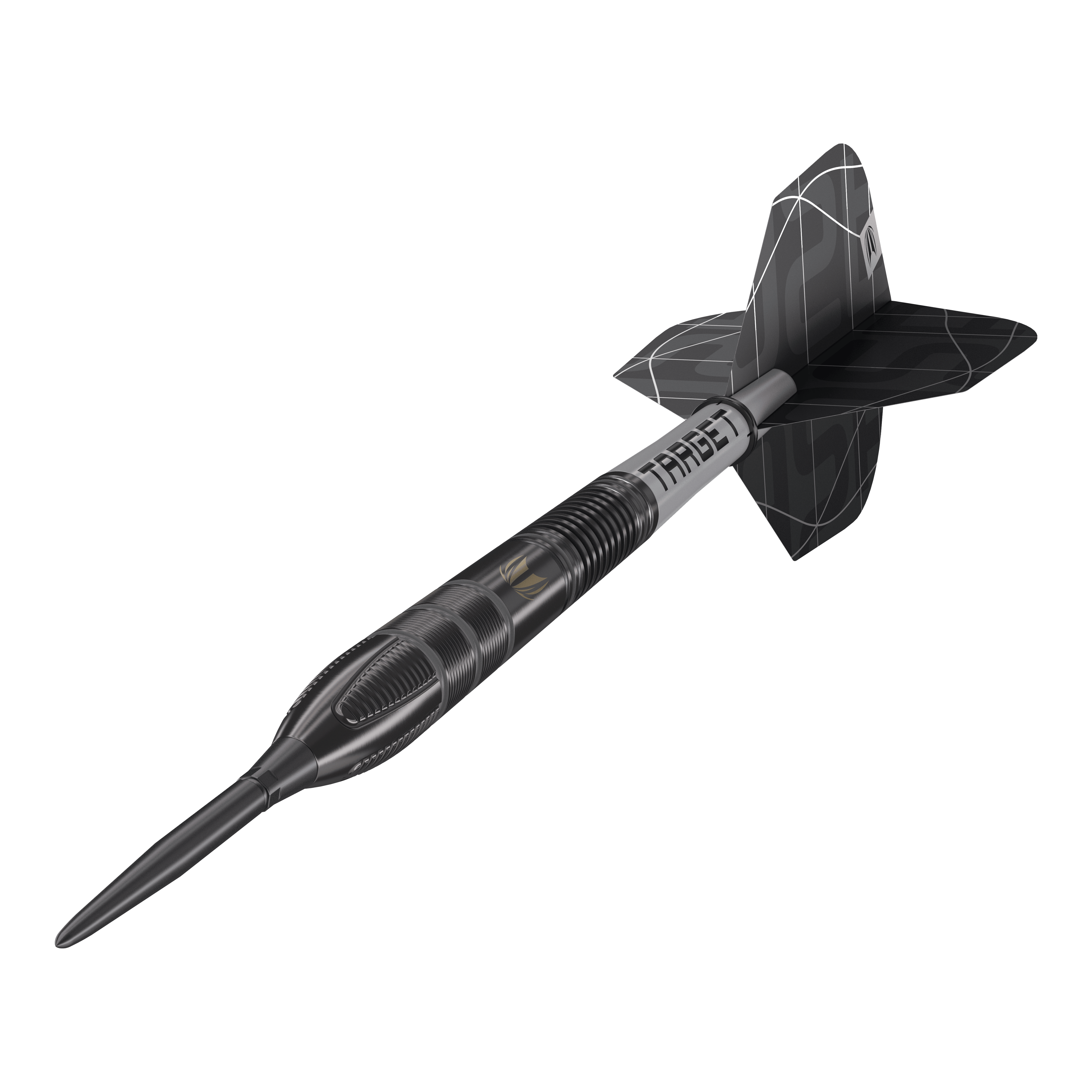Target Nathan Aspinall X Echo Swiss Point Steeldarts Das Bild zeigt einen Target Nathan Aspinall X Echo Swiss Point Steeldart. Der Dartpfeil ist schwarz-silbern und hat ein modernes, auffälliges Design.