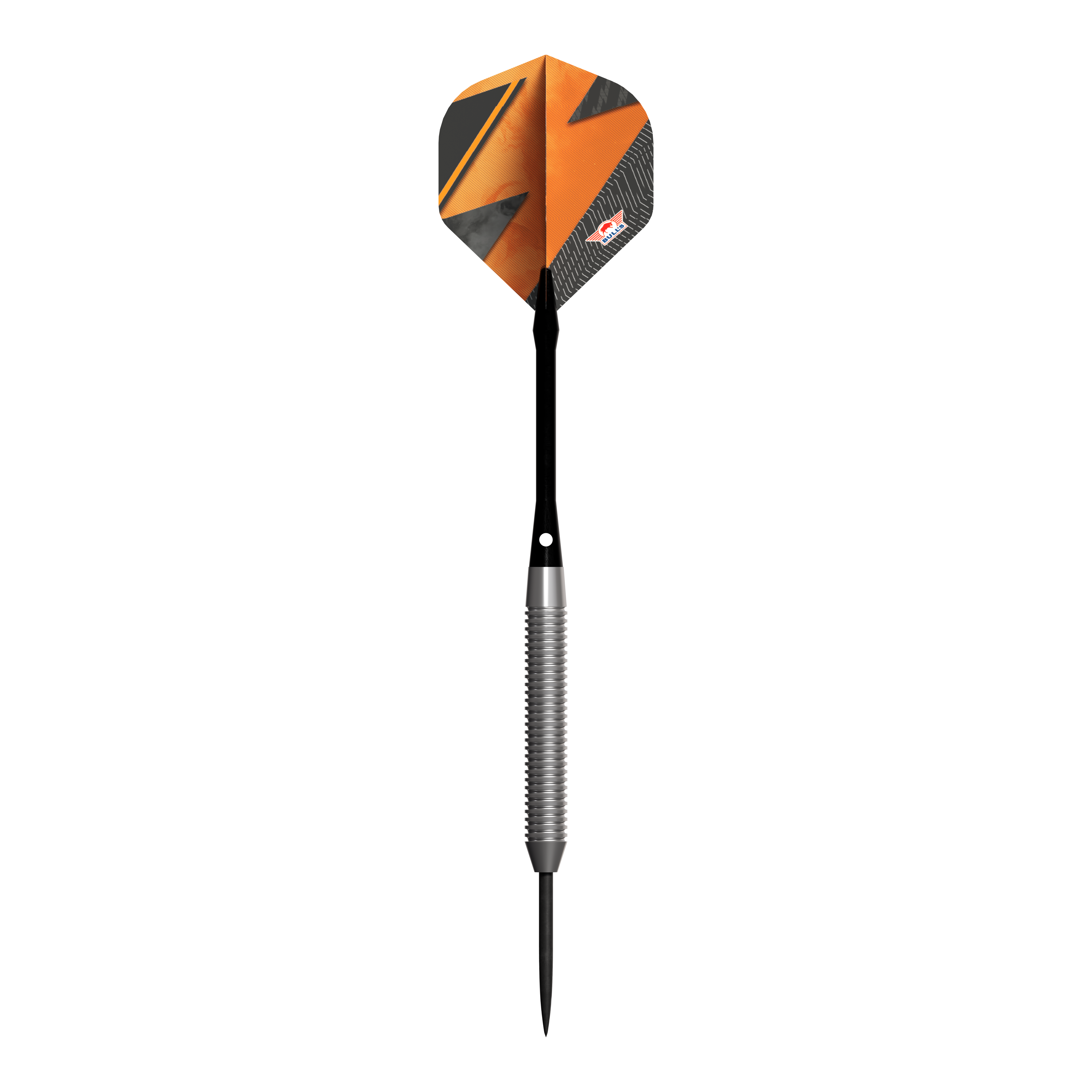 Das Bild zeigt den Steeldart "Bulls NL Lightning Orange" mit einer auffälligen orangenen und schwarzen Flight. Der Schaft ist silberfarben und geriffelt, während die Dartspitze schwarz ist.