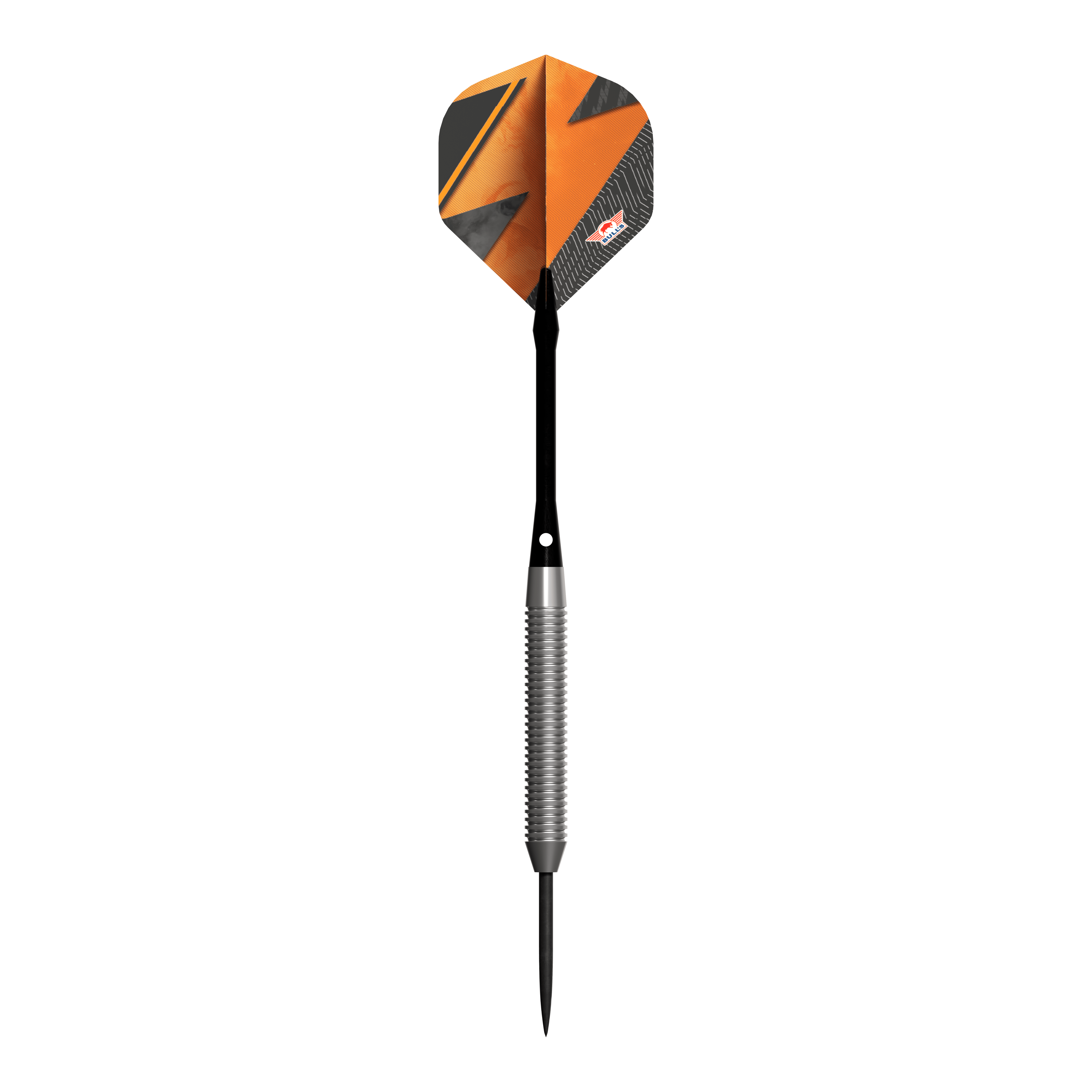 Bulls NL Lightning Orange Steeldarts Das Bild zeigt den Steeldart "Bulls NL Lightning Orange" mit einer auffälligen orangenen und schwarzen Flight. Der Schaft ist silberfarben und geriffelt, während die Dartspitze schwarz ist.