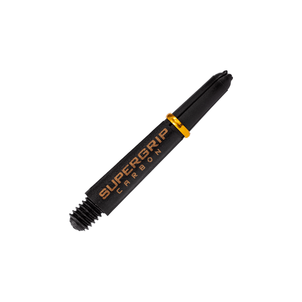 Das Bild zeigt einen Harrows Supergrip Carbon Shaft in der Farbe Gold. Der Schaft ist schwarz mit goldenen Akzenten und dem Aufdruck "SUPERGRIP CARBON".