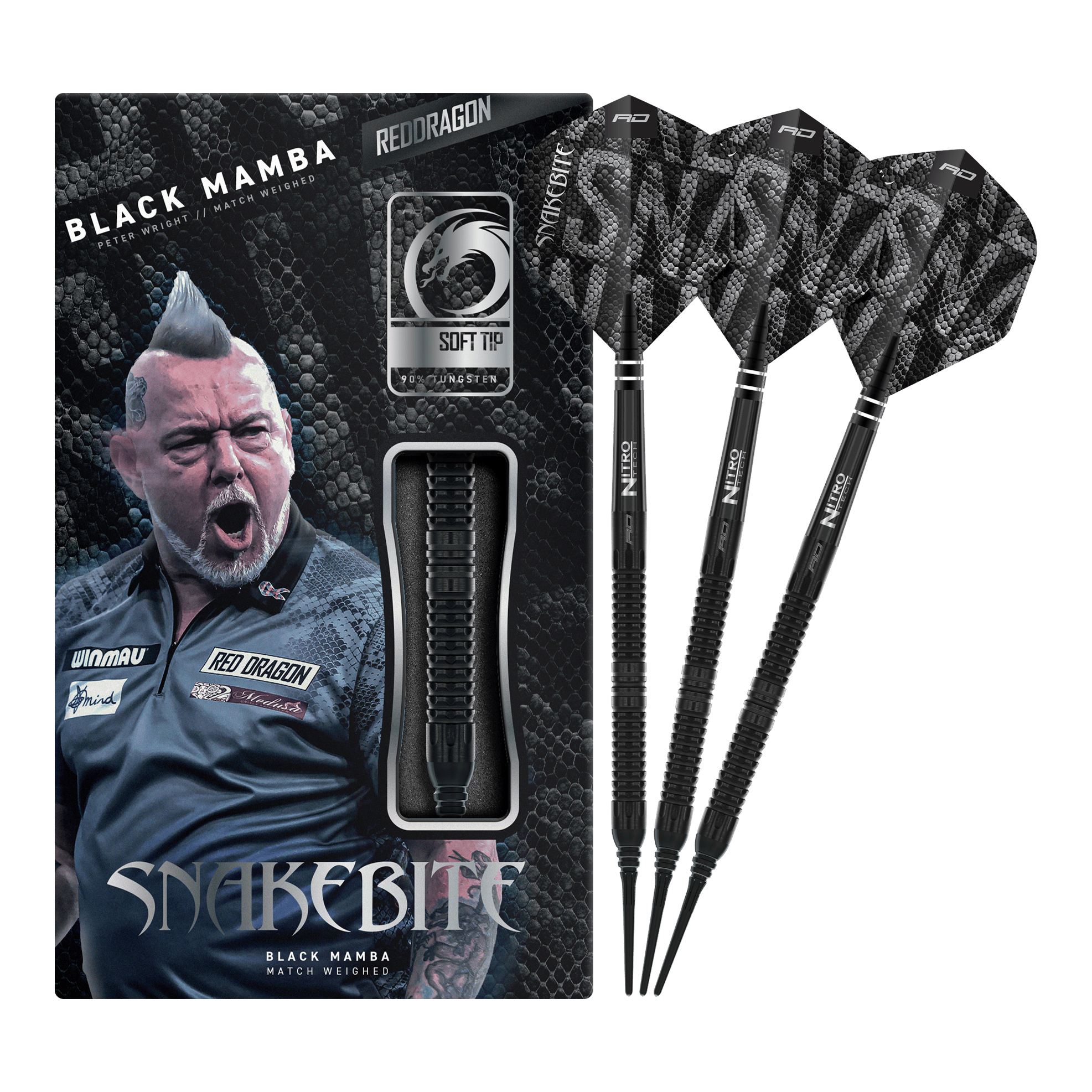 Red Dragon Peter Wright Snakebite Black Mamba Softdarts - 20g Auf dem Bild ist der Red Dragon Peter Wright Snakebite Black Mamba Softdart mit 20g zu sehen. Er überzeugt durch seine professionelle Verarbeitung und sein elegantes Aussehen.