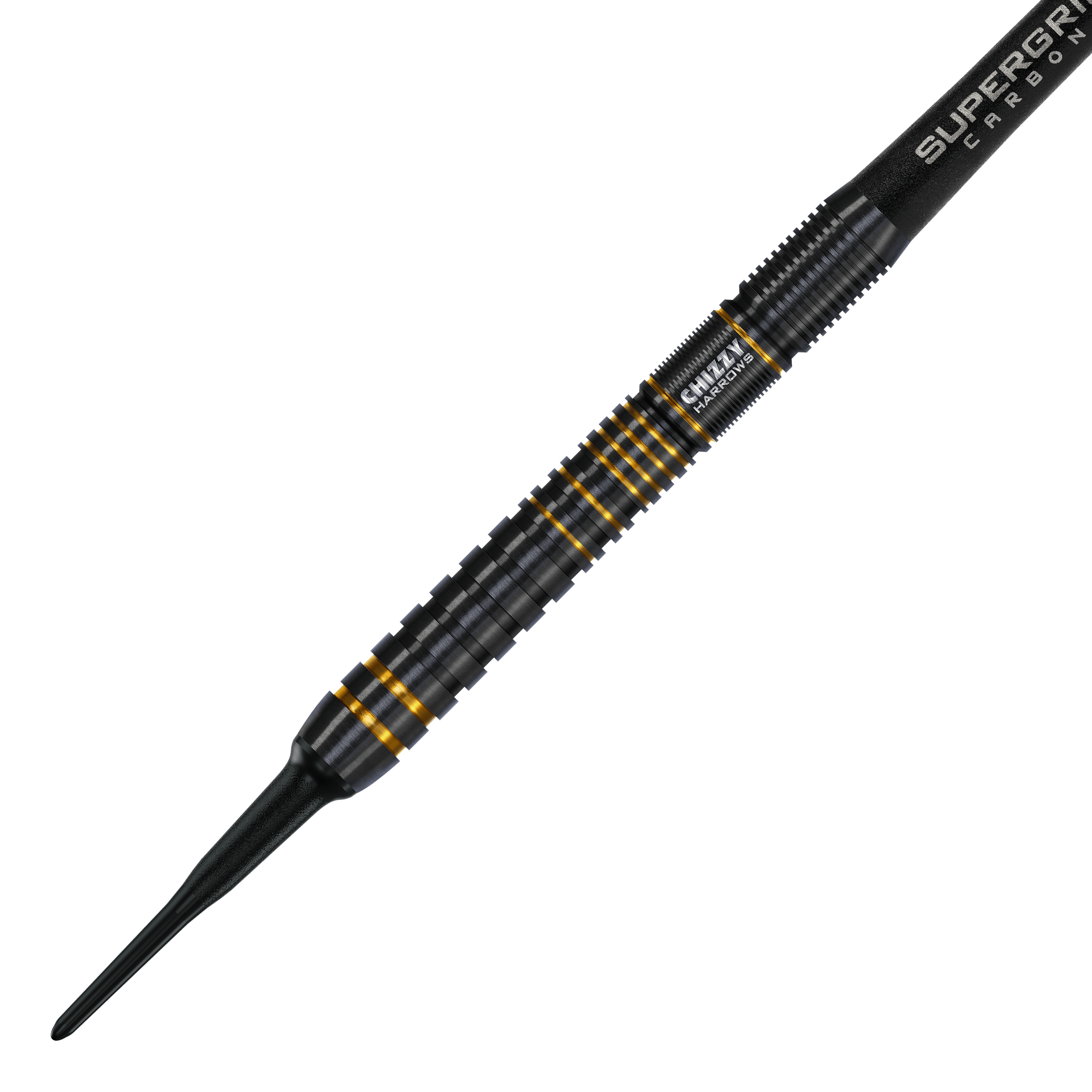 Harrows Dave Chisnall Chizzy Series 3 Softdarts Das Bild zeigt einen Harrows Dave Chisnall Chizzy Series 3 Softdart. Der Dartpfeil ist schwarz mit goldenen Akzenten und hat ein geriffeltes Griffdesign.