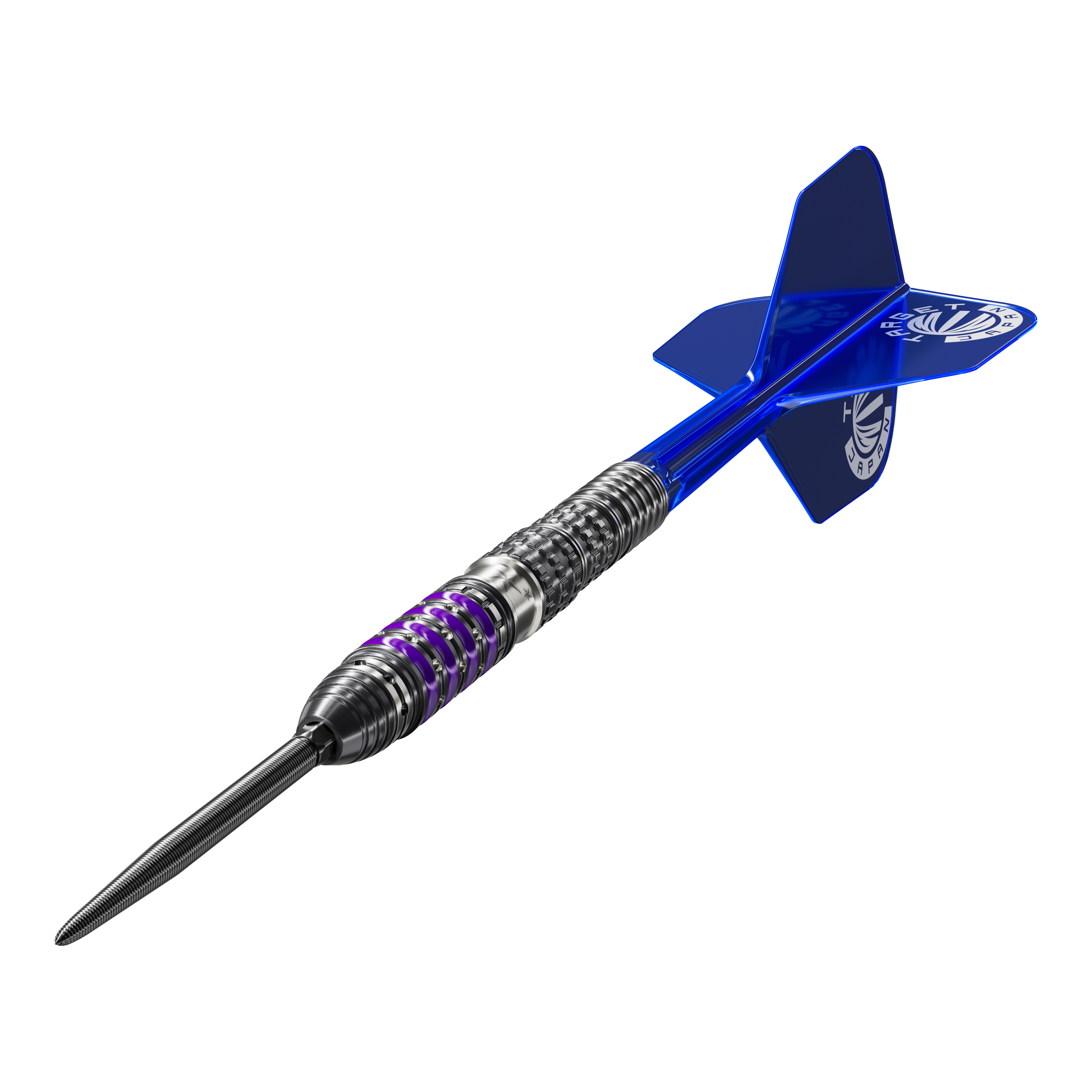 Target Japan Prime Series Sirius GEN4 Swiss Point Steeldarts Das Bild zeigt einen Target Japan Prime Series Sirius GEN4 Swiss Point Steeldart. Der Dart hat ein metallisches Barrel mit lila Akzenten und blaue Flights.