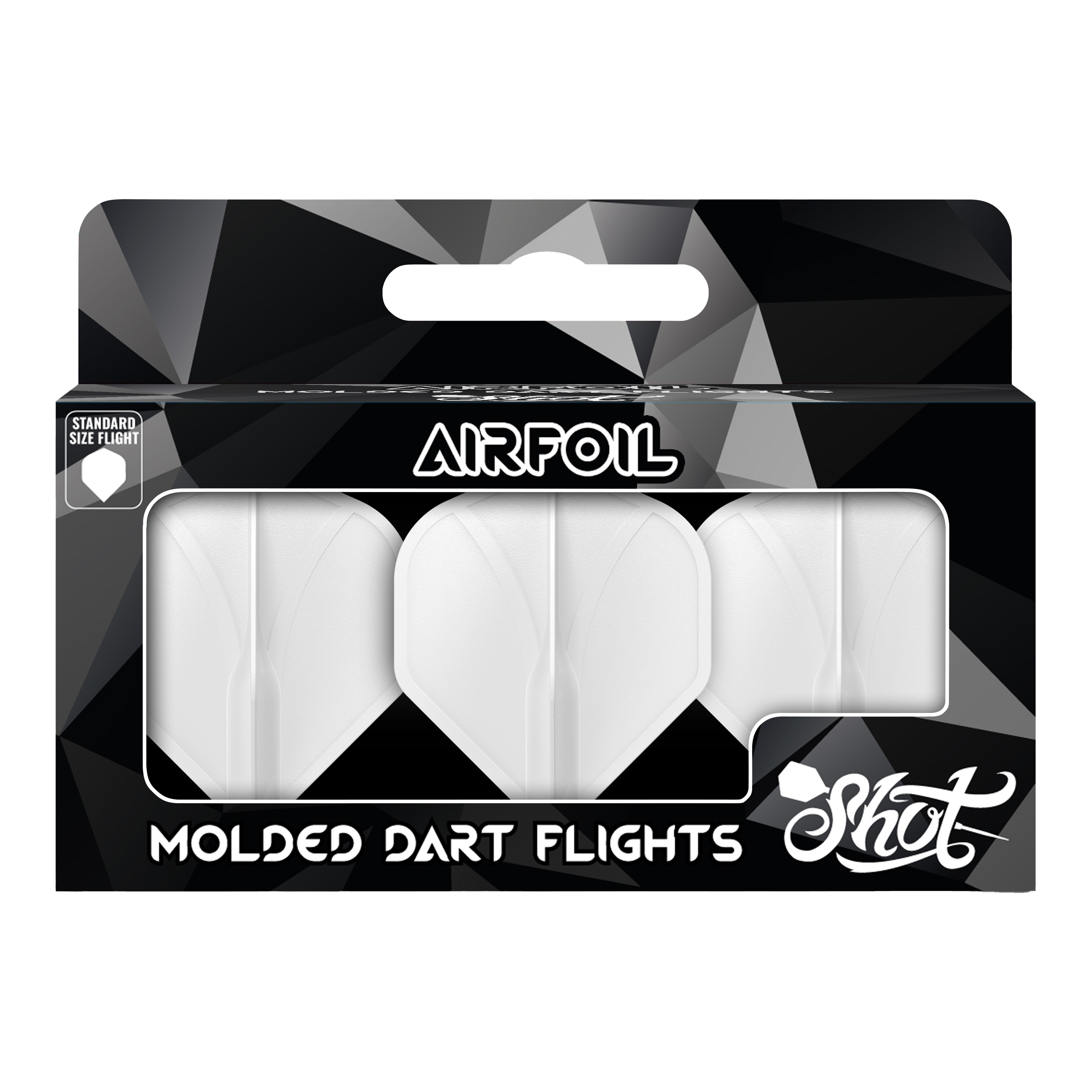 Shot Airfoil Moulded No2 Standard Flights Die Verpackung zeigt drei weiße, geformte Dart-Flights der Marke Shot. Auf der Vorderseite steht „Airfoil – Molded Dart Flights“ in großen Buchstaben.
