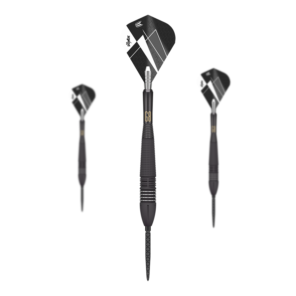 Target Phil Taylor Power 9Five GEN8 Swiss Point Steeldarts Das Bild zeigt drei Steeldarts des Modells "Target Phil Taylor Power 9Five GEN8 Swiss Point". Die Darts haben ein modernes schwarzes Design mit silbernen und weißen Akzenten.
