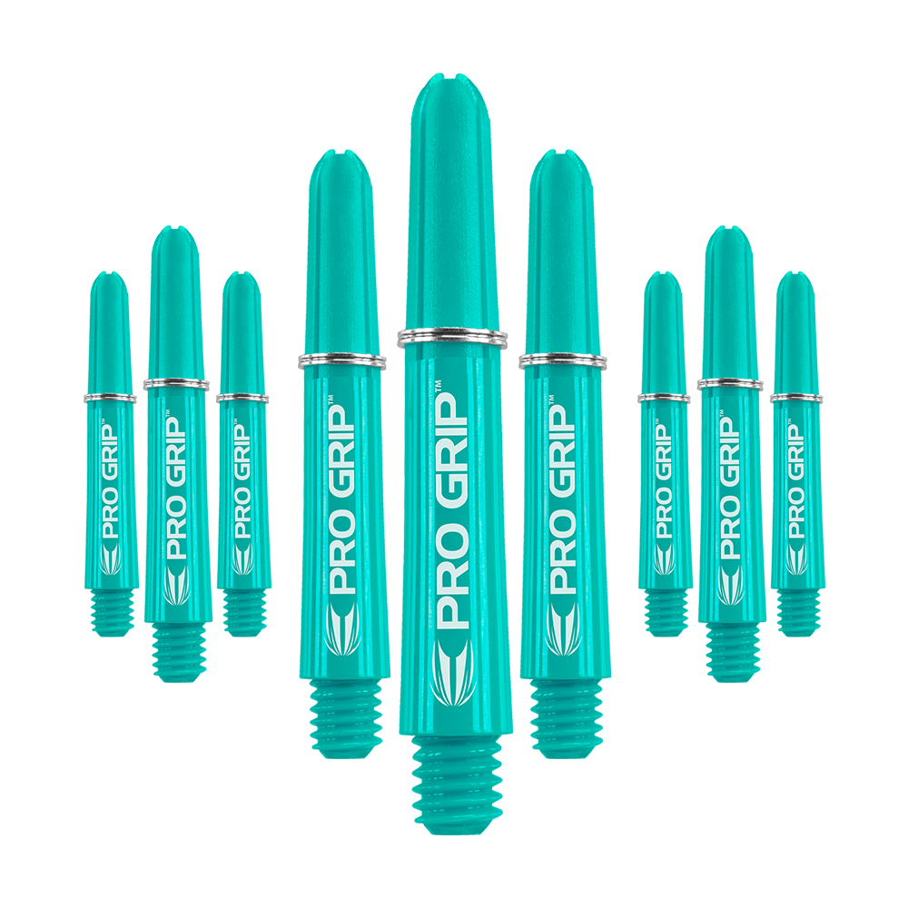 Target Pro Grip Shafts - 3 Sets - Aqua Das Bild zeigt neun türkisfarbene Dartschäfte mit der Aufschrift "PRO GRIP". Die Schäfte sind in einer Gruppe angeordnet und haben silberne Ringe.