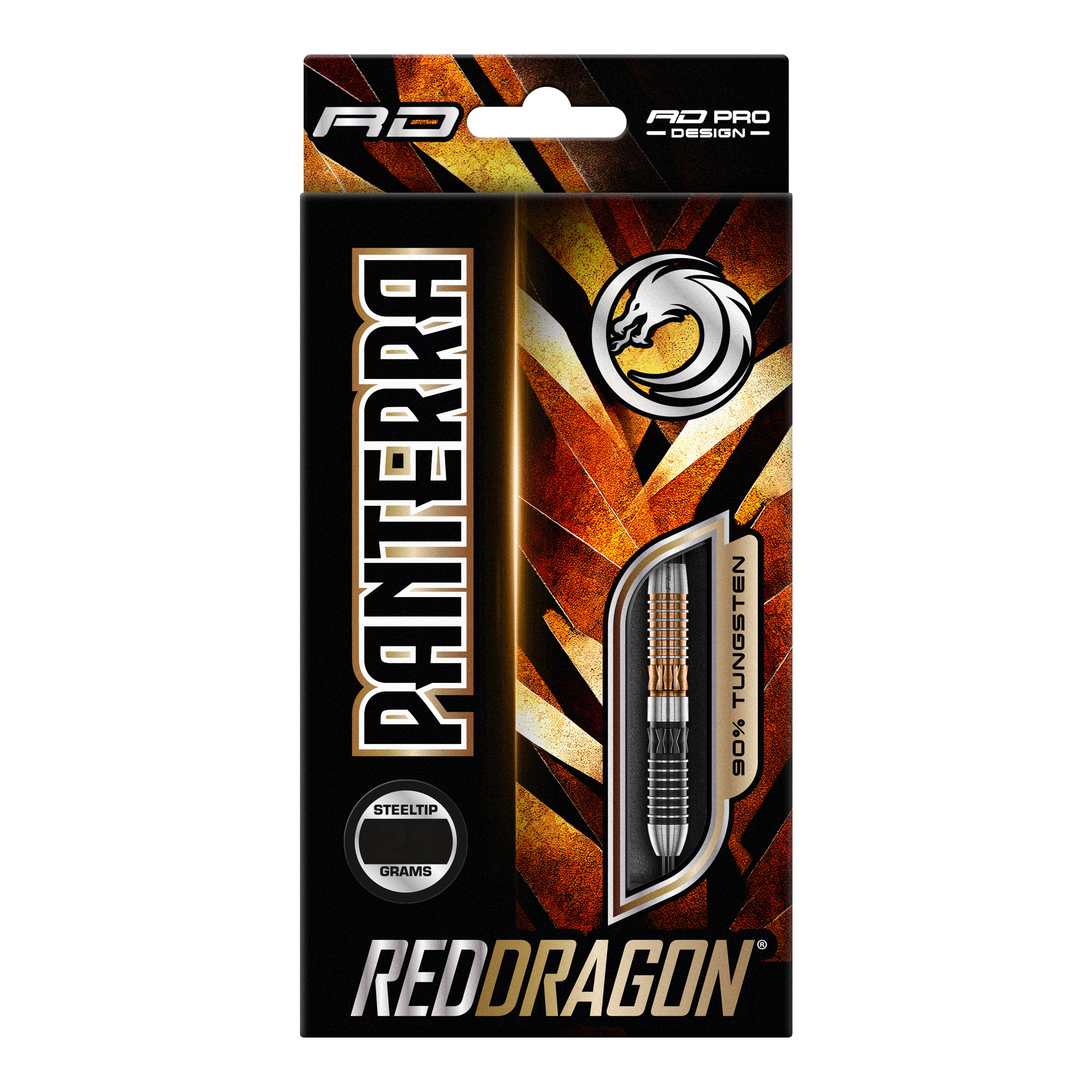 Die Abbildung zeigt die Verpackung der "Red Dragon Panterra Steeldarts". Das Design ist auffällig mit goldenen und schwarzen Farben gestaltet und hebt den Dart mit 90% Tungsten-Anteil hervor.