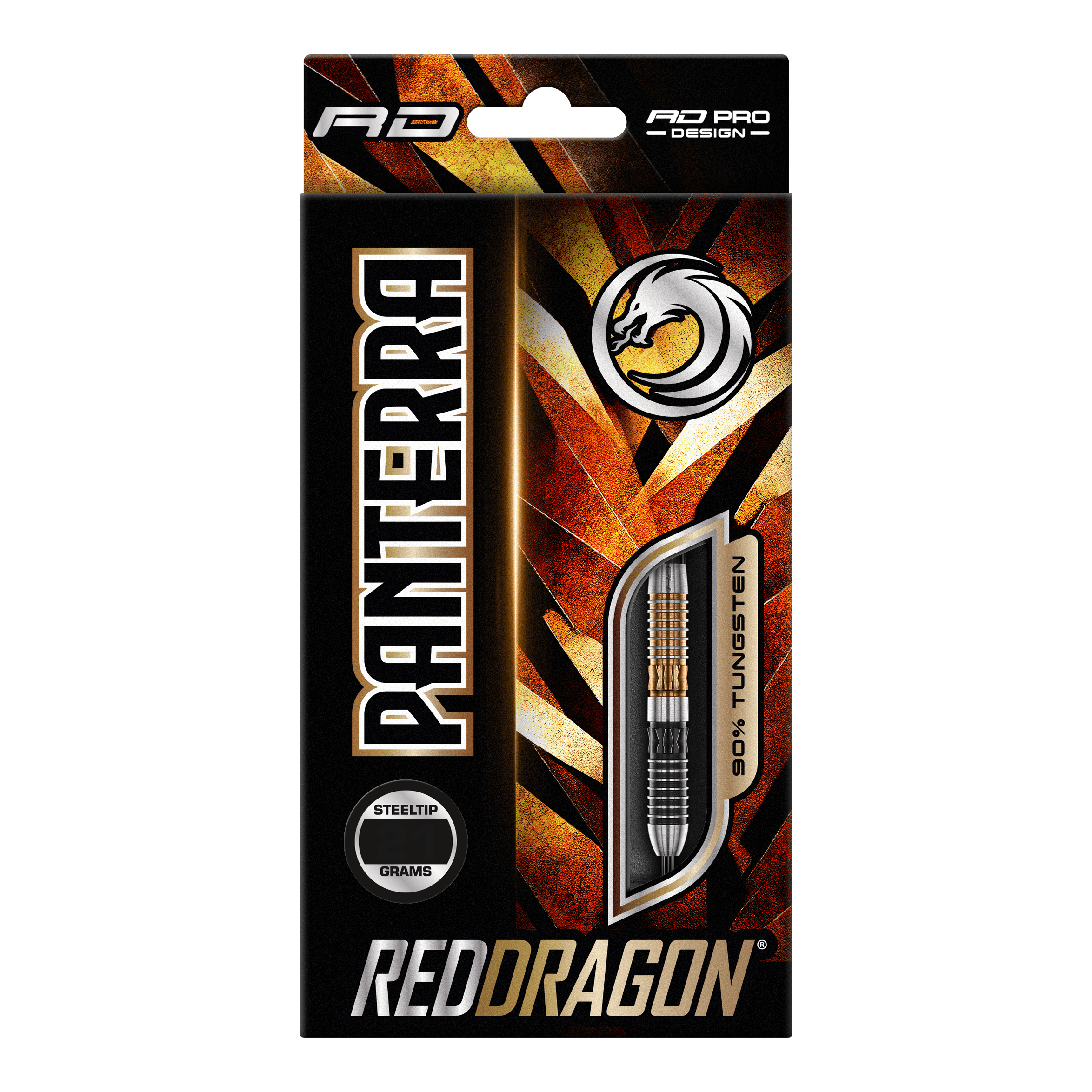 Red Dragon Panterra Steeldarts Die Abbildung zeigt die Verpackung der "Red Dragon Panterra Steeldarts". Das Design ist auffällig mit goldenen und schwarzen Farben gestaltet und hebt den Dart mit 90% Tungsten-Anteil hervor.