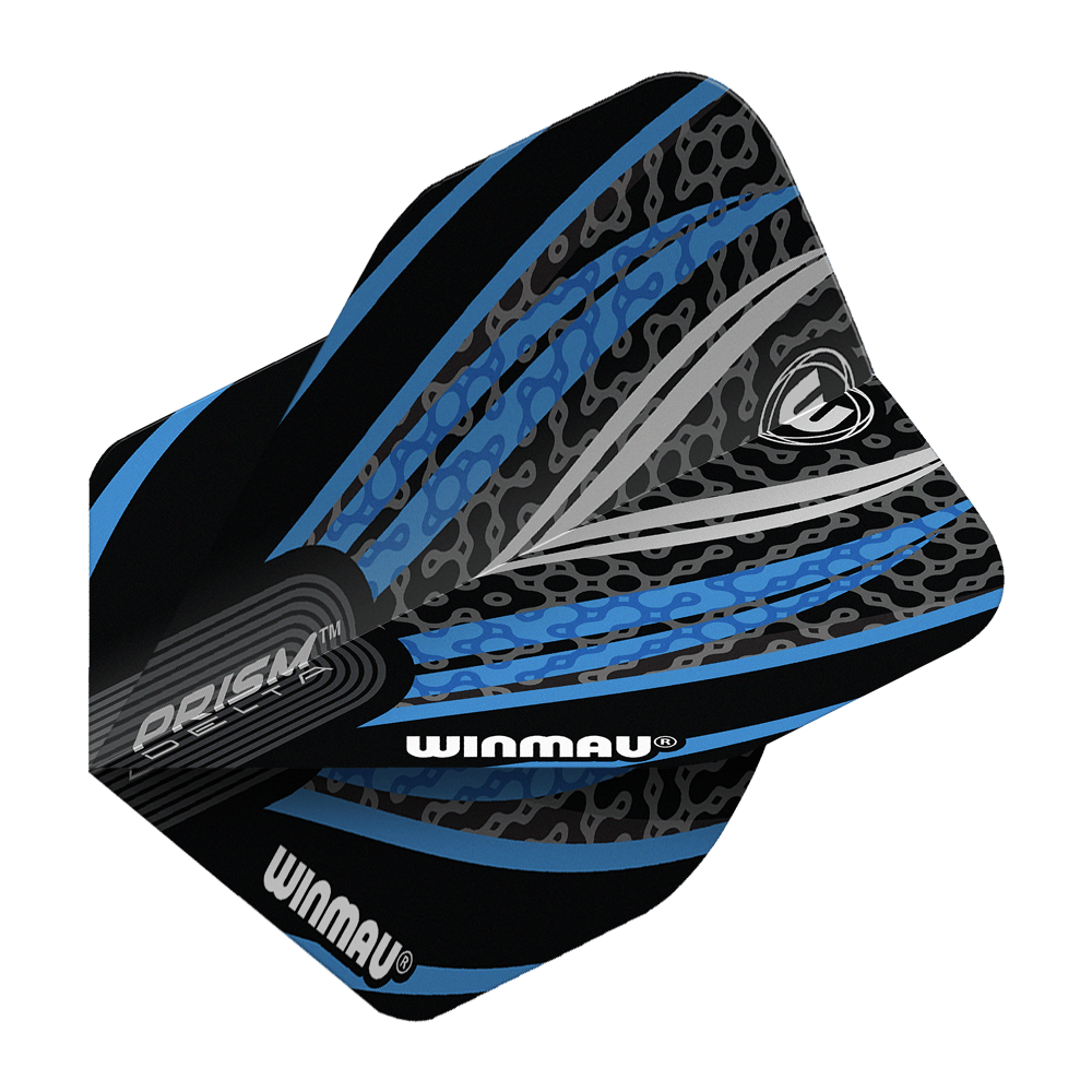 Winmau Prism Delta Schwarz Weiß Blau No2 Standard Flights Das Bild zeigt ein Winmau Prism Delta Standard Dartflight in den Farben Schwarz, Weiß und Blau. Das Flight hat ein modernes, grafisches Design mit dem Winmau-Logo und auffälligen Mustern.