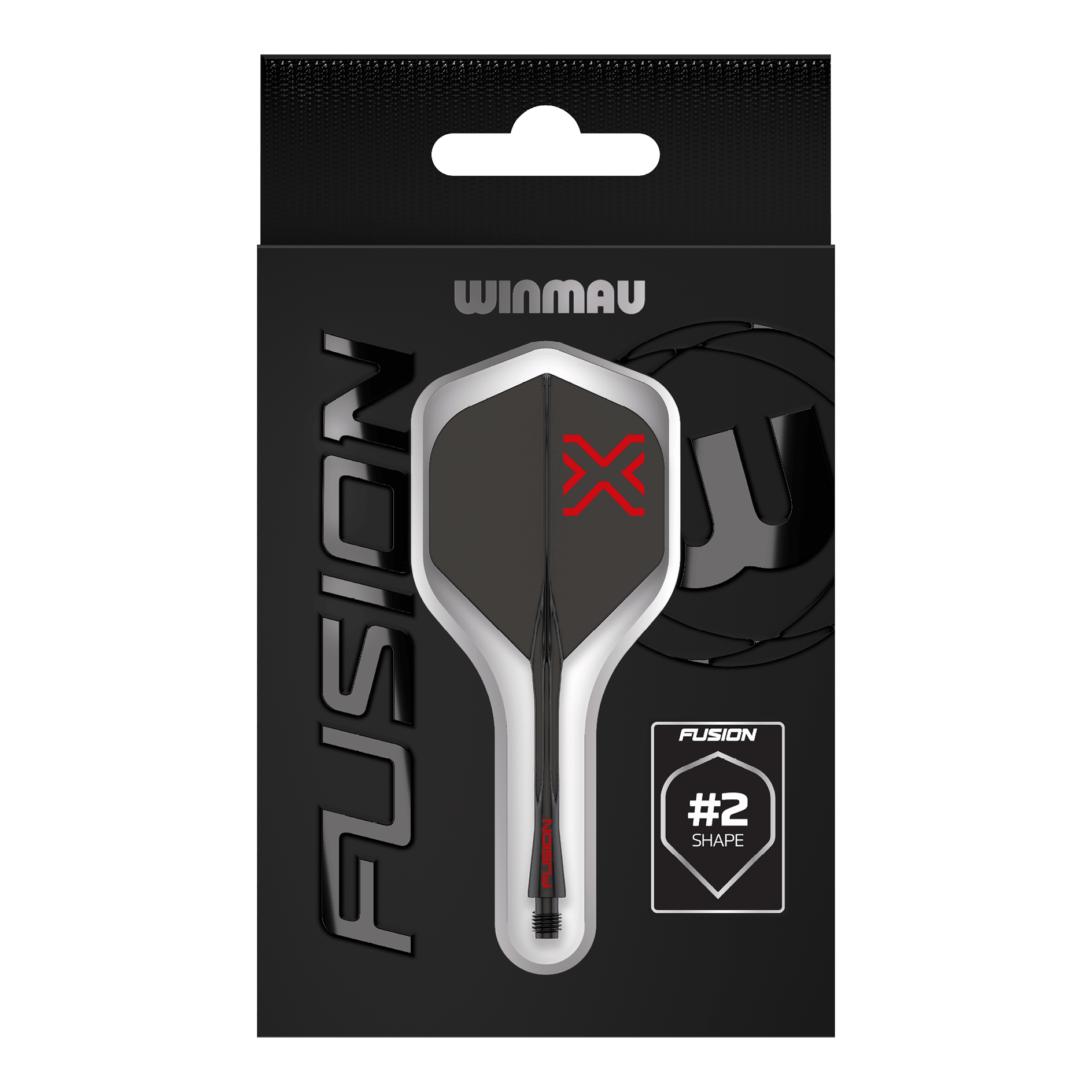 Winmau Fusion Blade X No2 Standard Flight-Shaft-System - Schwarz Das Bild zeigt das Winmau Fusion Blade X No2 Standard Flight-Shaft-System in Schwarz. Es verbindet ein Flight mit einem Schaft in elegantem, schwarzem Design.