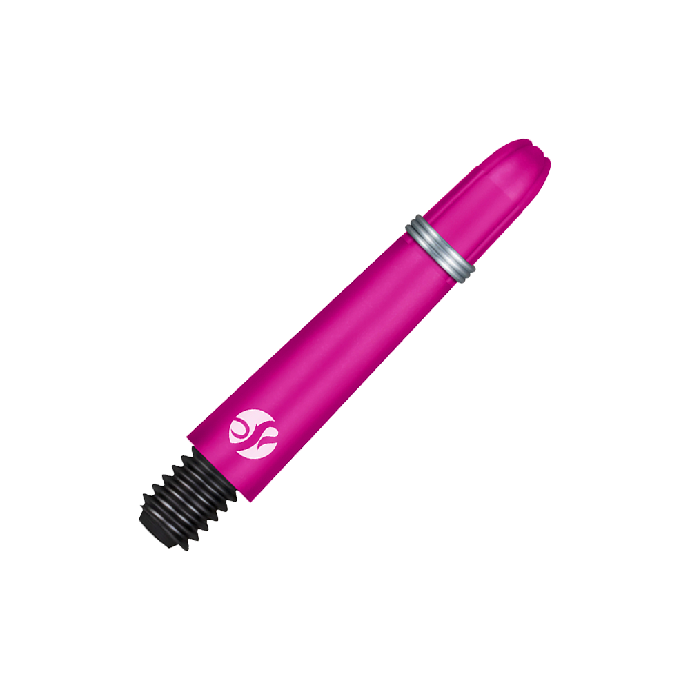 Das Bild zeigt einen pinkfarbenen Dartshaft mit Schraubgewinde. Der Schaft hat einen silbernen Ring und ein weißes Logo.