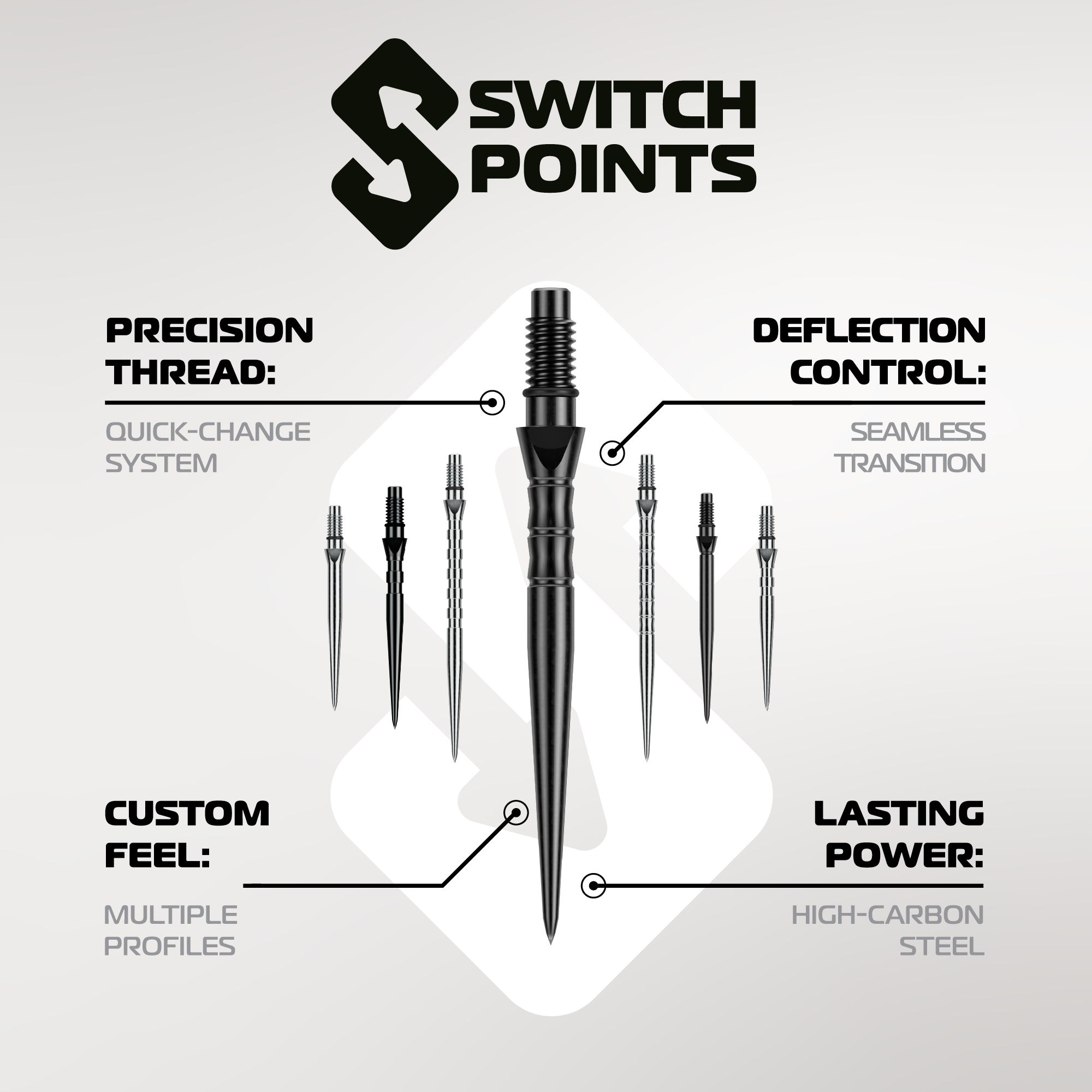 Abgebildet sind die Winmau Switch Point Smooth Steeldartspitzen - Silver Effect. Die Dartspitzen sind silberfarben und haben eine glatte Oberfläche.