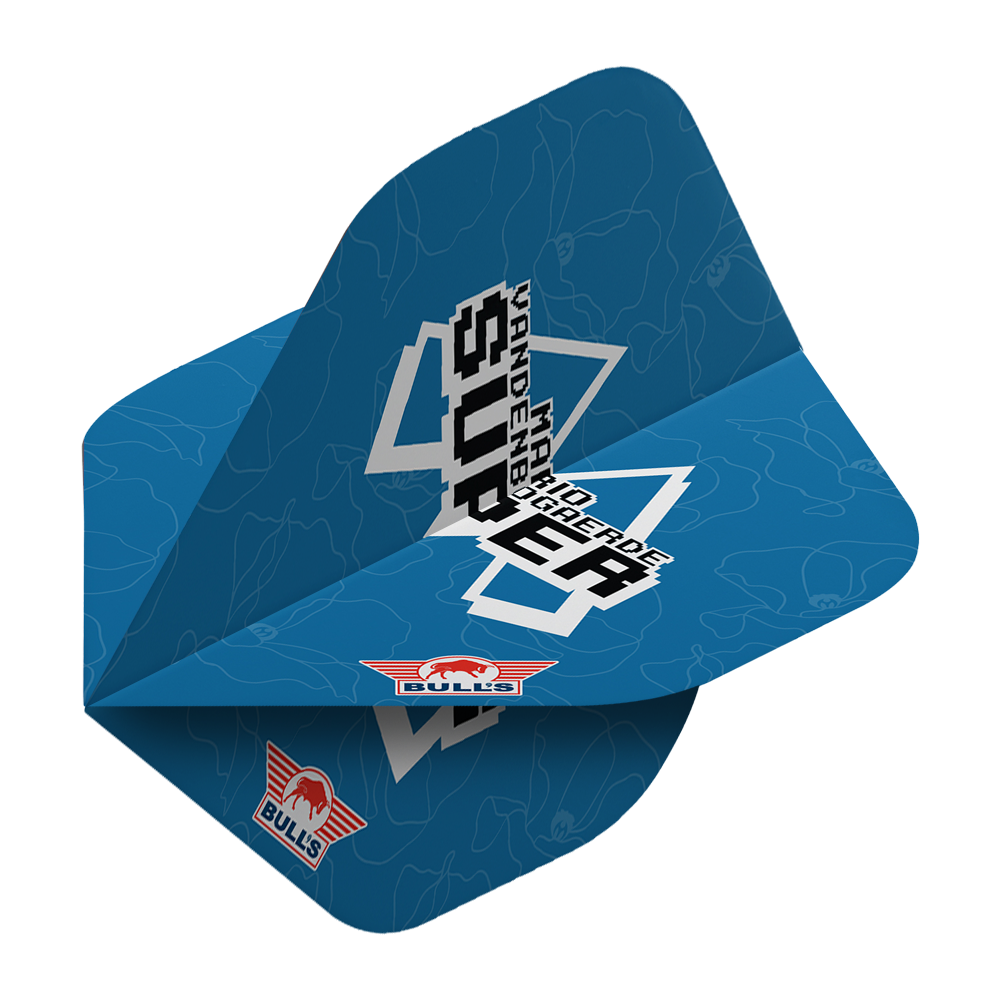 Das Bild zeigt ein blaues Dartflight mit dem Aufdruck "Mario Vandenbogaerde SUPER" in schwarzer und weißer Schrift. Unten ist das rote Bulls-Logo zu sehen.