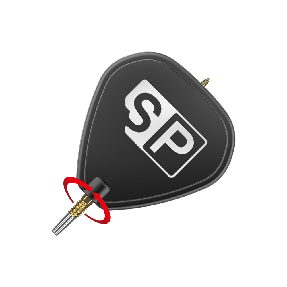 Target Swiss Point DX Dartspitzen - Gold Das Bild zeigt eine schwarze Dartspitze mit der Aufschrift "SP" in weißen Buchstaben. Ein roter Pfeil deutet auf eine Drehbewegung an der goldenen Spitze hin.