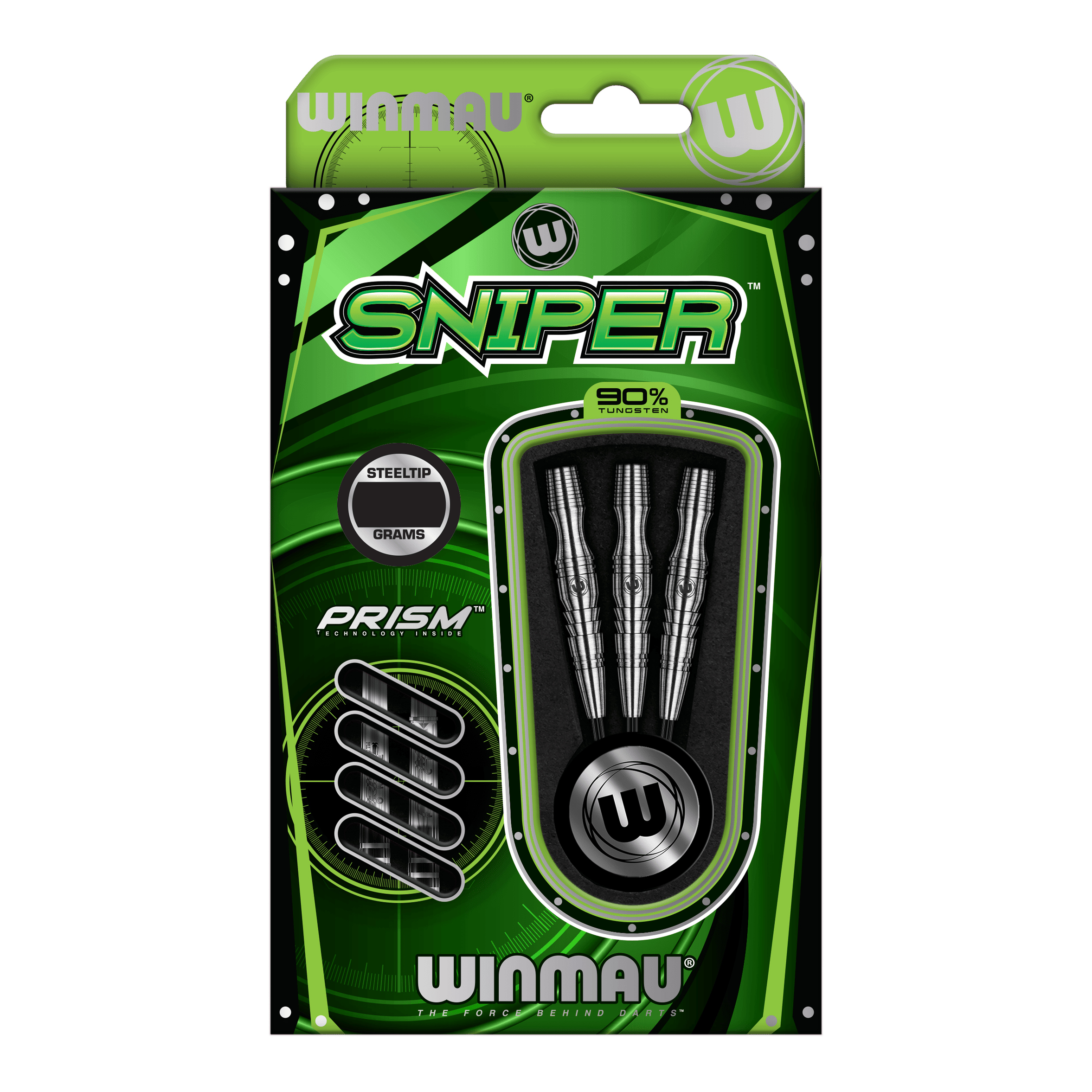 Die Verpackung zeigt die Winmau Sniper V3 Steeldarts mit einem auffälligen grünen Design. In der Packung sind drei Dartpfeile aus 90% Tungsten enthalten.