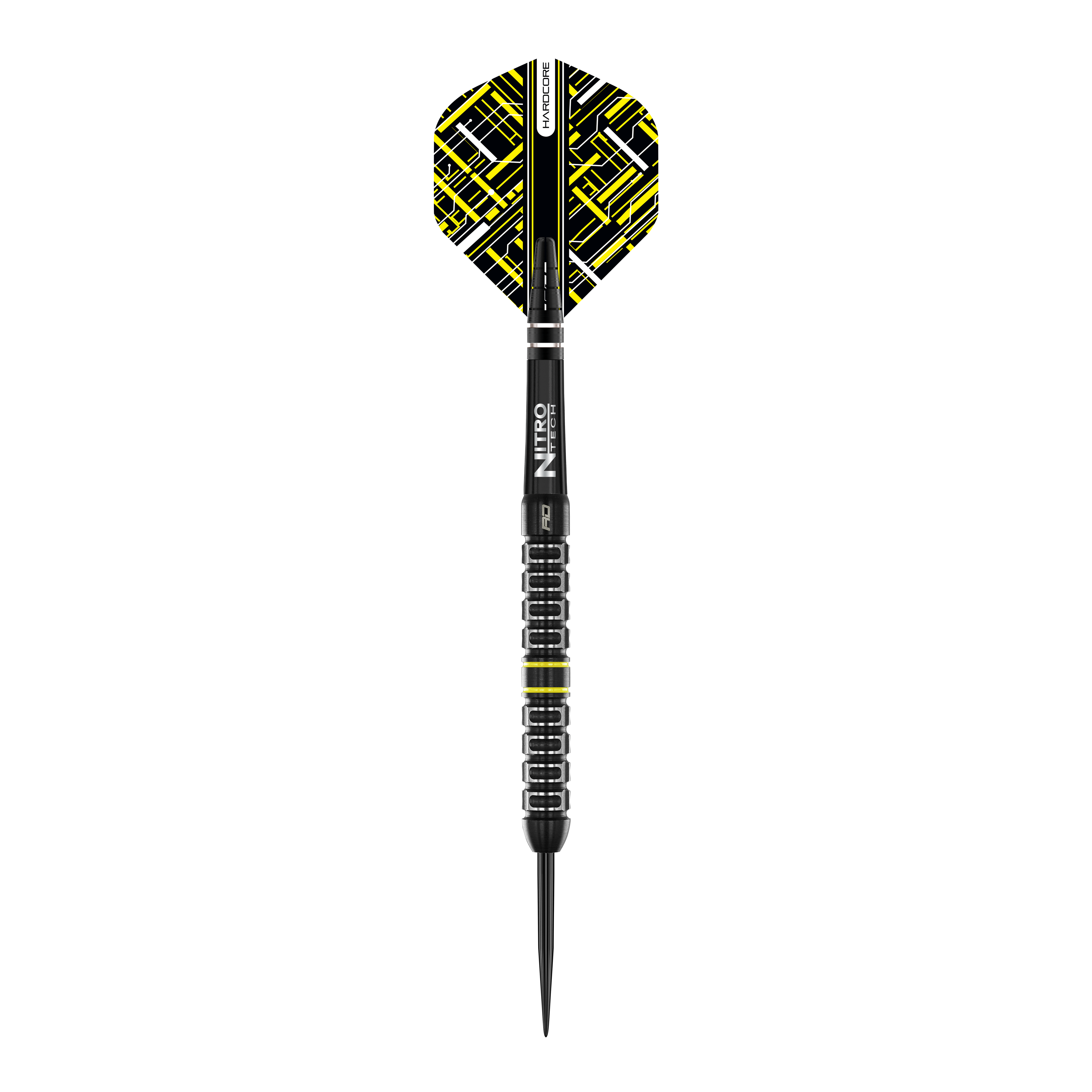 Das Bild zeigt einen Red Dragon Astraeus Q4X Parallel Steeldart. Der Dartpfeil hat ein modernes Design mit schwarzen und gelben Akzenten auf den Flights.
