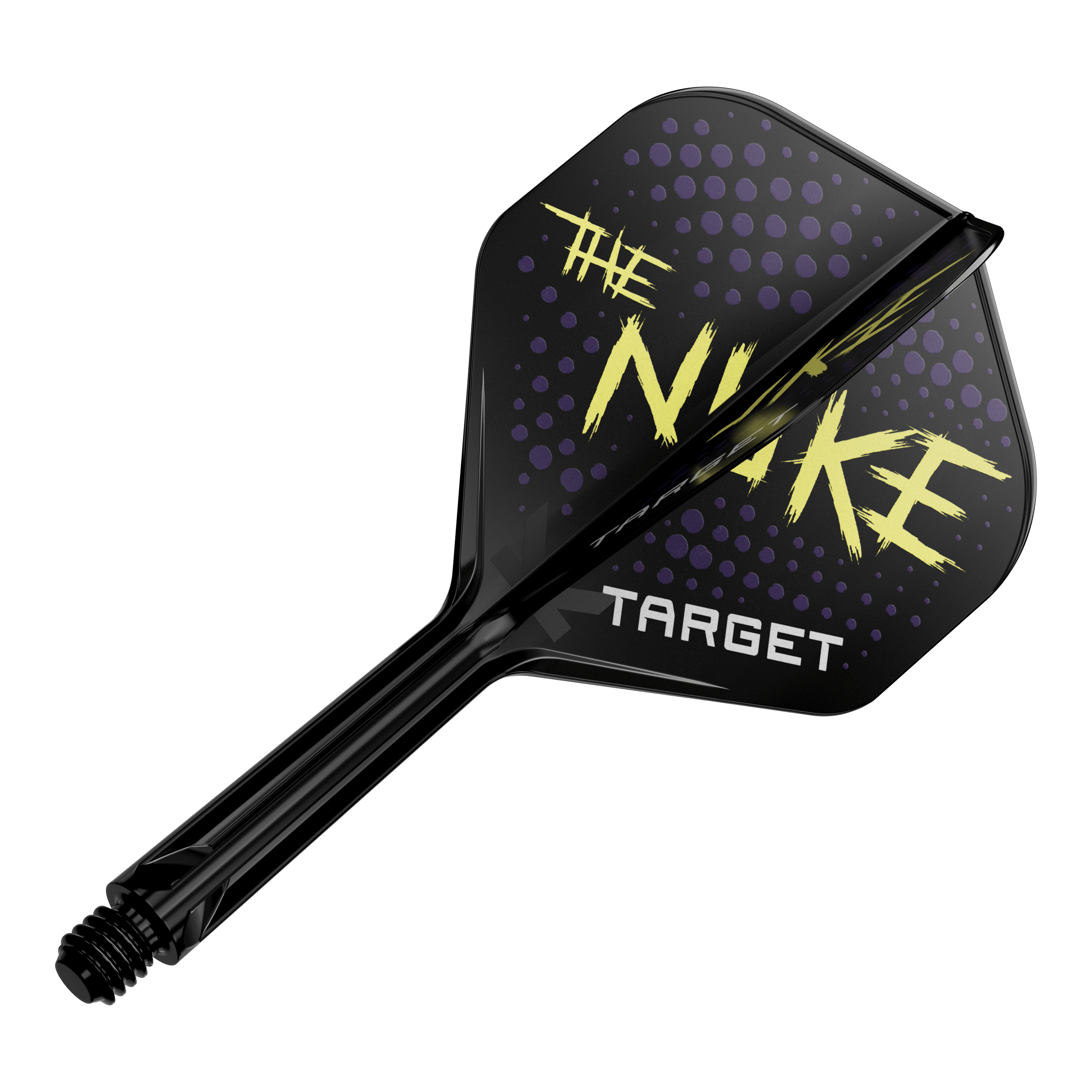 Target K-Flex Luke Littler Black No2 Standard Flight-System Das Bild zeigt einen schwarzen Dartflight mit dem Schriftzug "THE NUKE" und "TARGET" darauf. Der Hintergrund des Flights ist mit lila Punkten verziert.